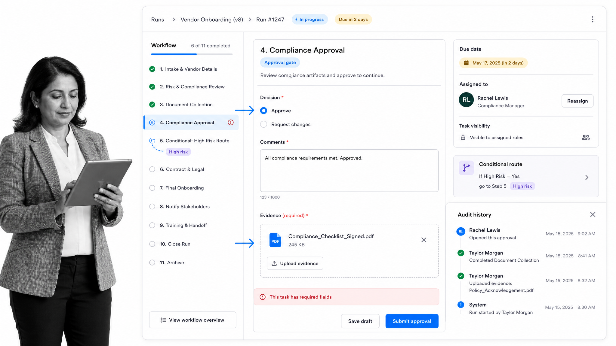 Process Street workflow run with required steps, approval, evidence, conditional route, and audit history