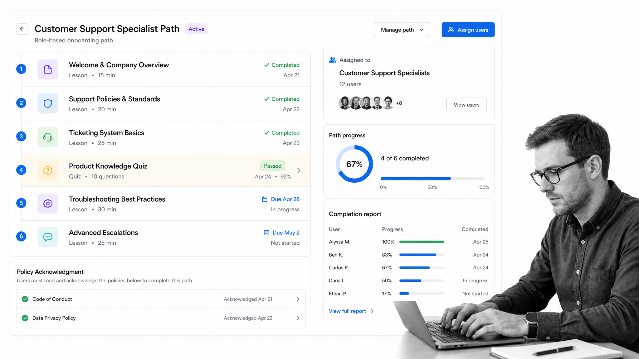 Trainual employee training path with quiz and completion tracking