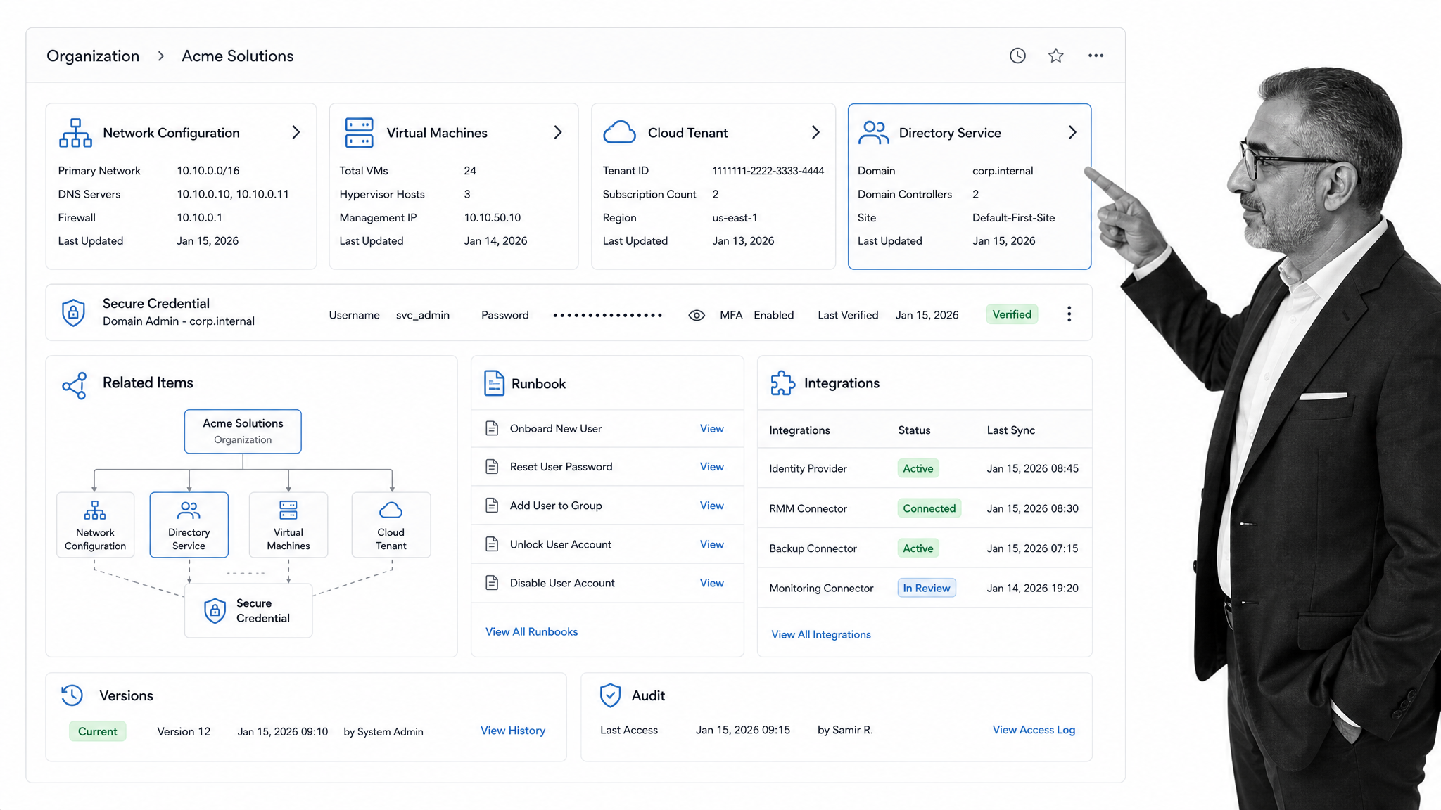IT Glue structured IT organization record with secure credential and runbook panels