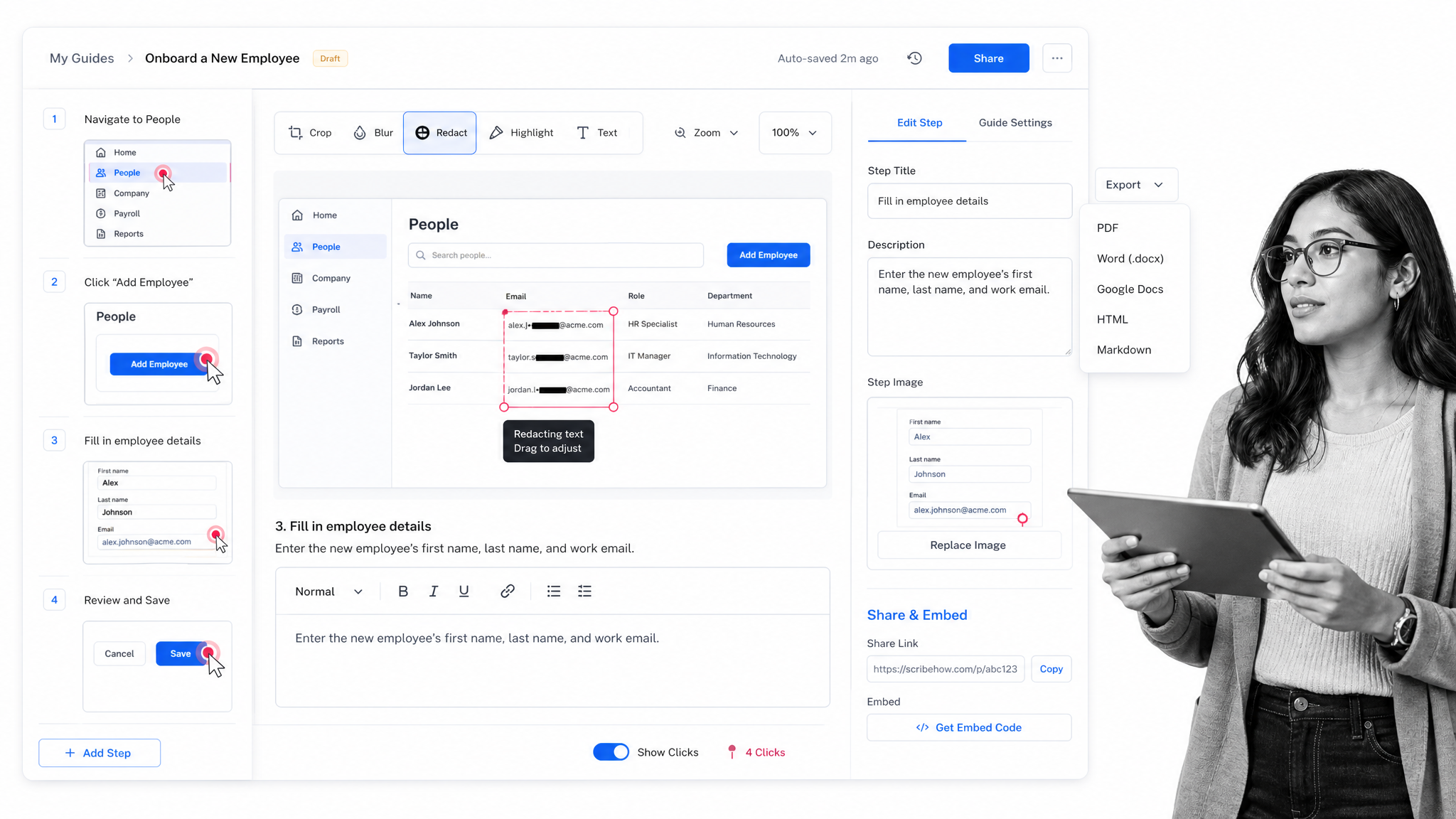 Scribe captured step-by-step guide editor with click targets and redaction