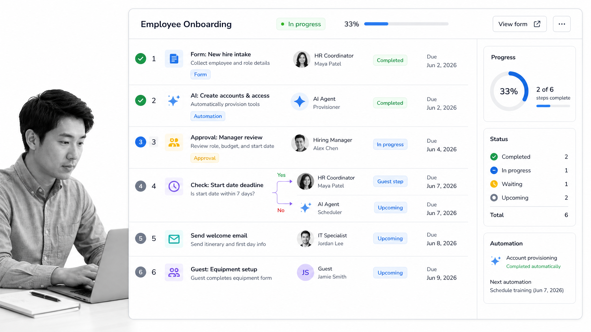 Tallyfy live workflow status with people, AI, approvals, forms, and guest steps