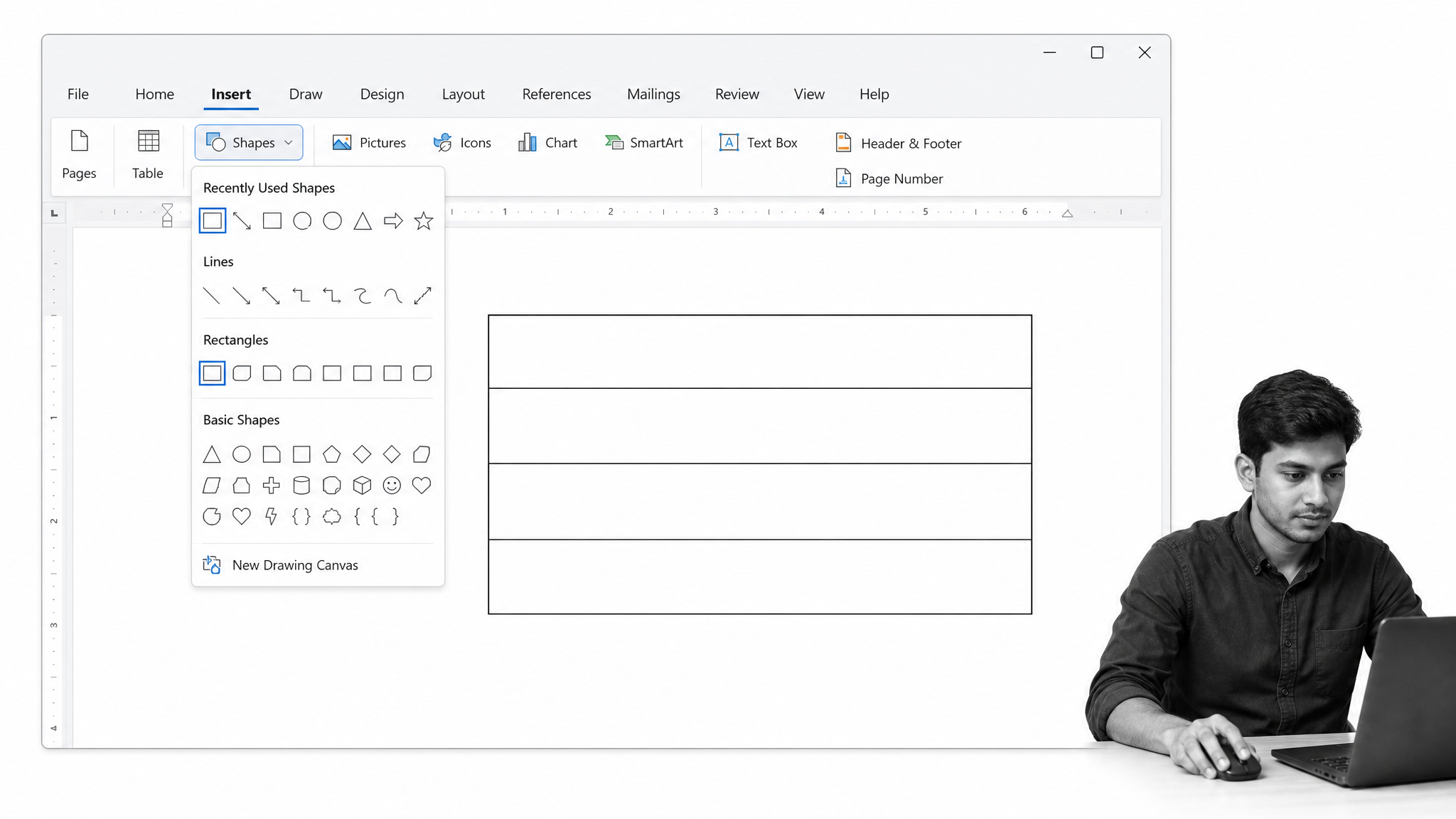 Microsoft Word Shapes surface used to draw a swim lane pool