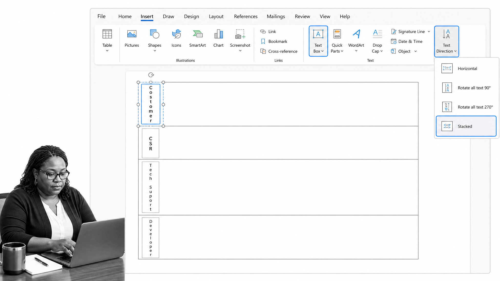 Microsoft Word text boxes labeling four swim lane actors