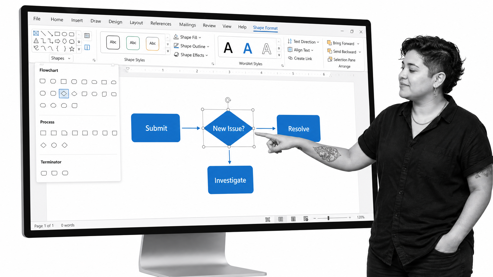 Microsoft Word flowchart shapes used to add process actions
