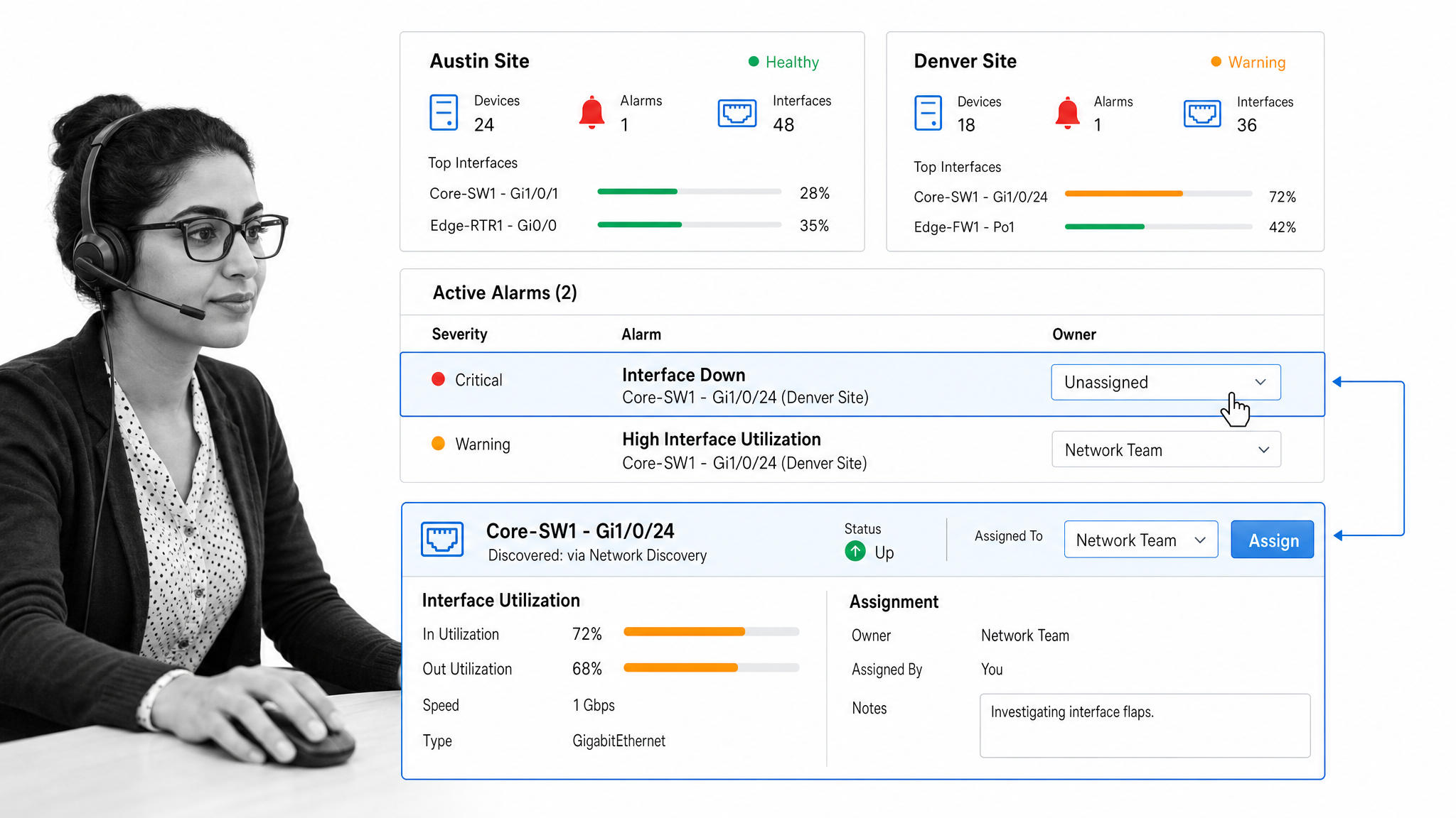 IT administrator reviewing device inventory and alarms in ManageEngine OpManager