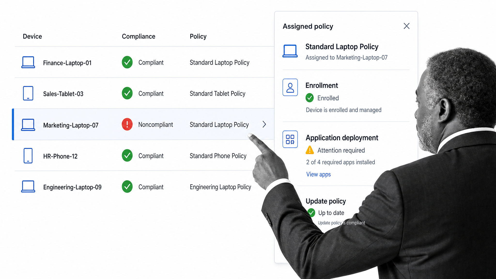 Endpoint administrator reviewing device compliance and policies in Microsoft Intune