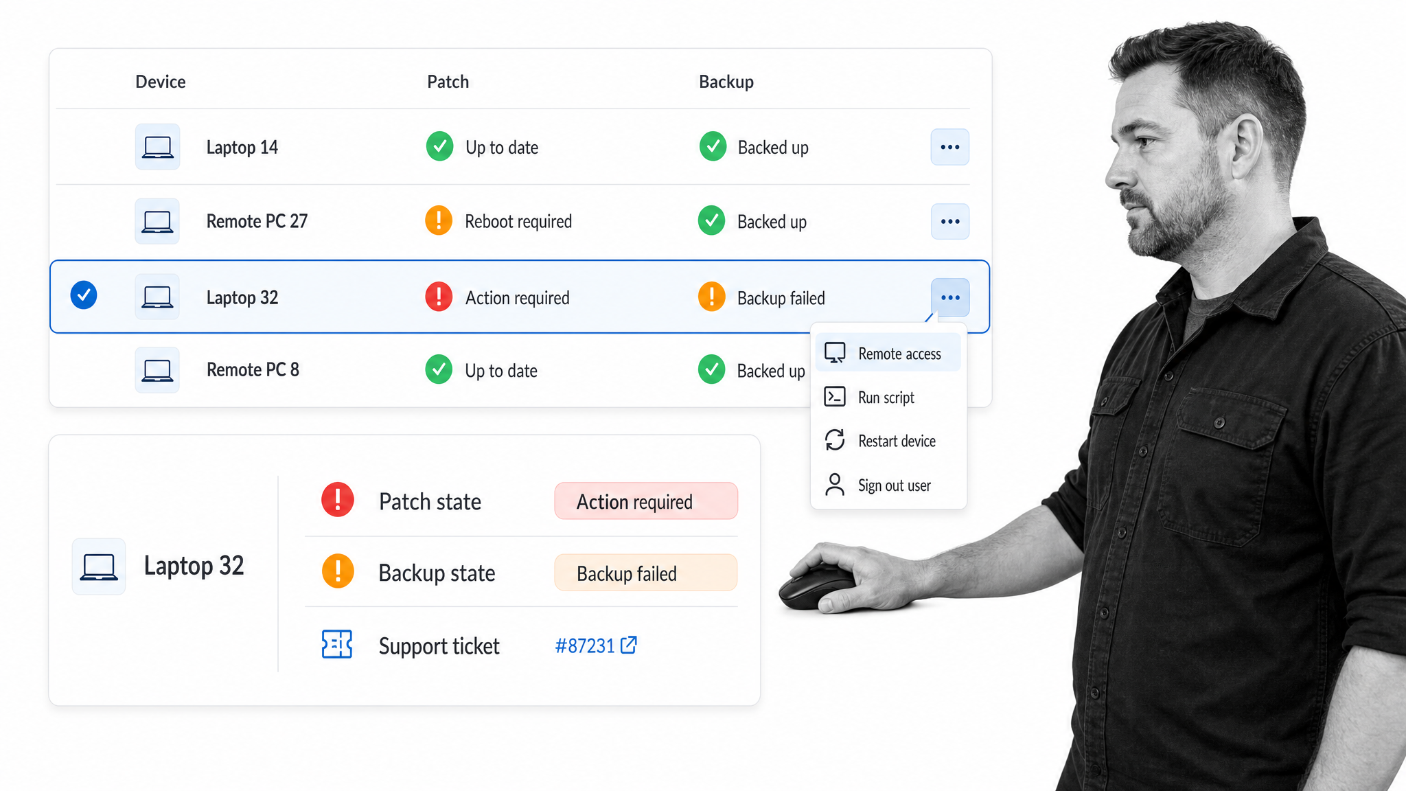 Support technician reviewing patch status and remote actions in NinjaOne