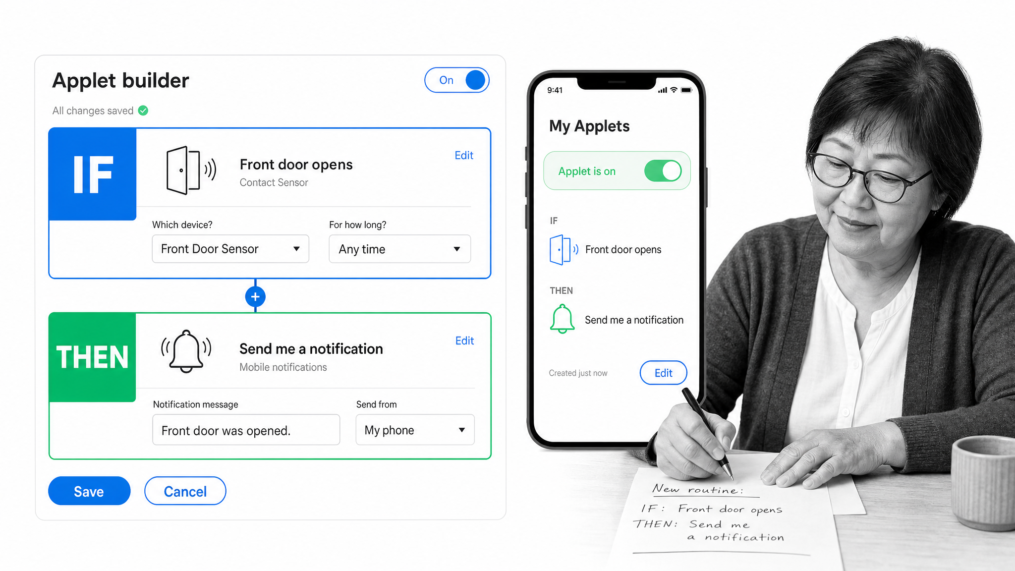 IFTTT applet builder showing a simple door-sensor trigger and mobile notification action