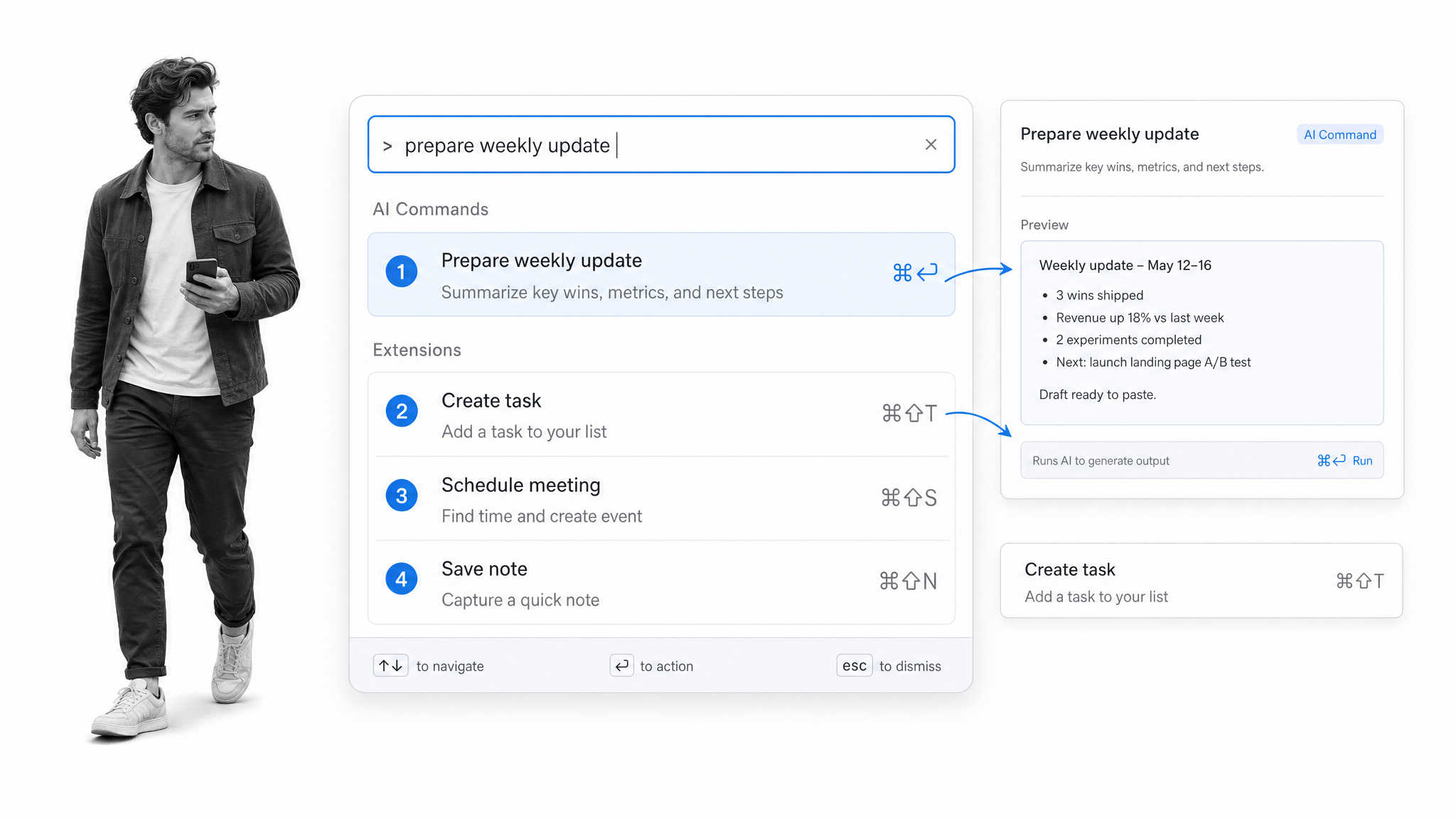 Keyboard-first command palette with AI command preview and reusable desktop actions