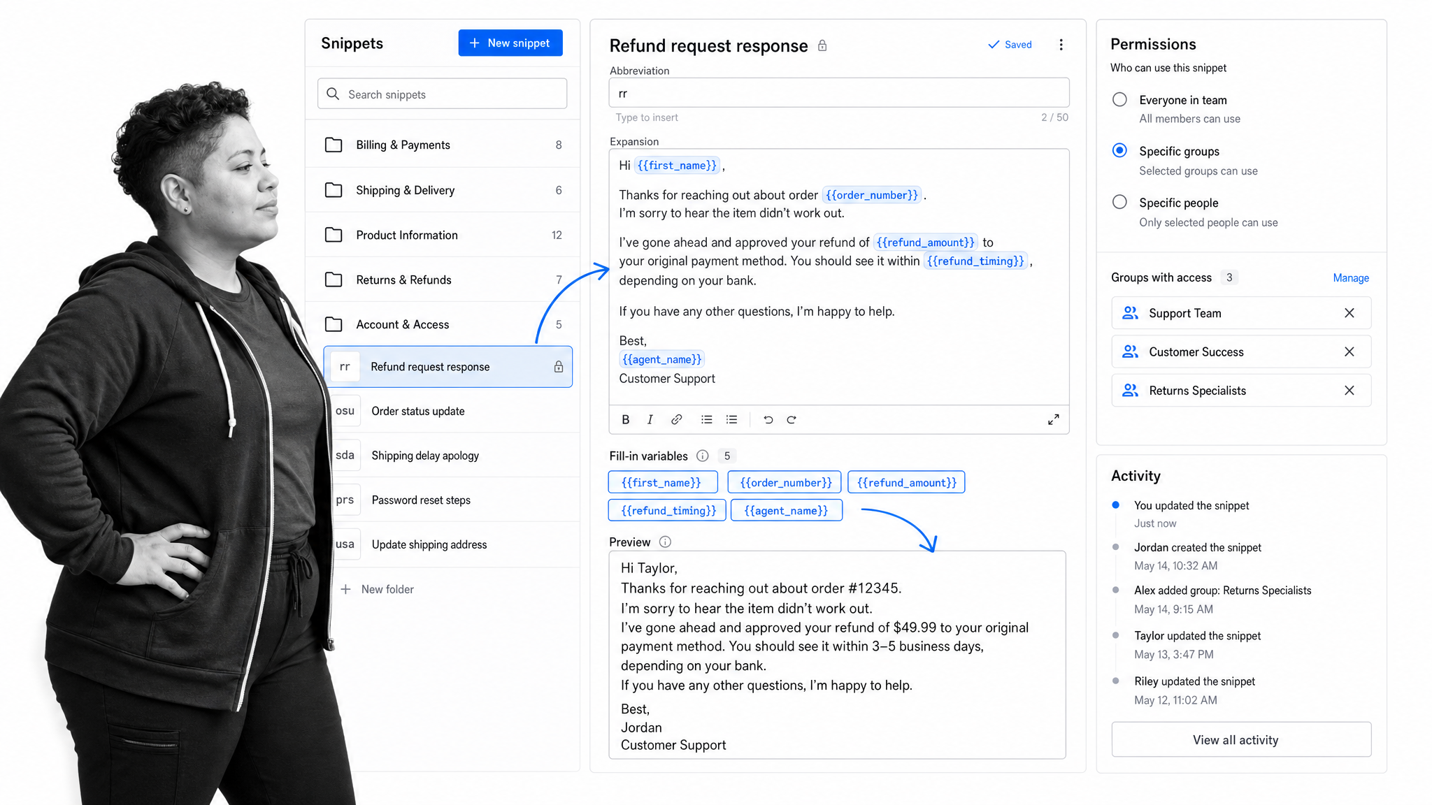 Shared text snippet library with fill-in variables, preview, permissions, and activity history