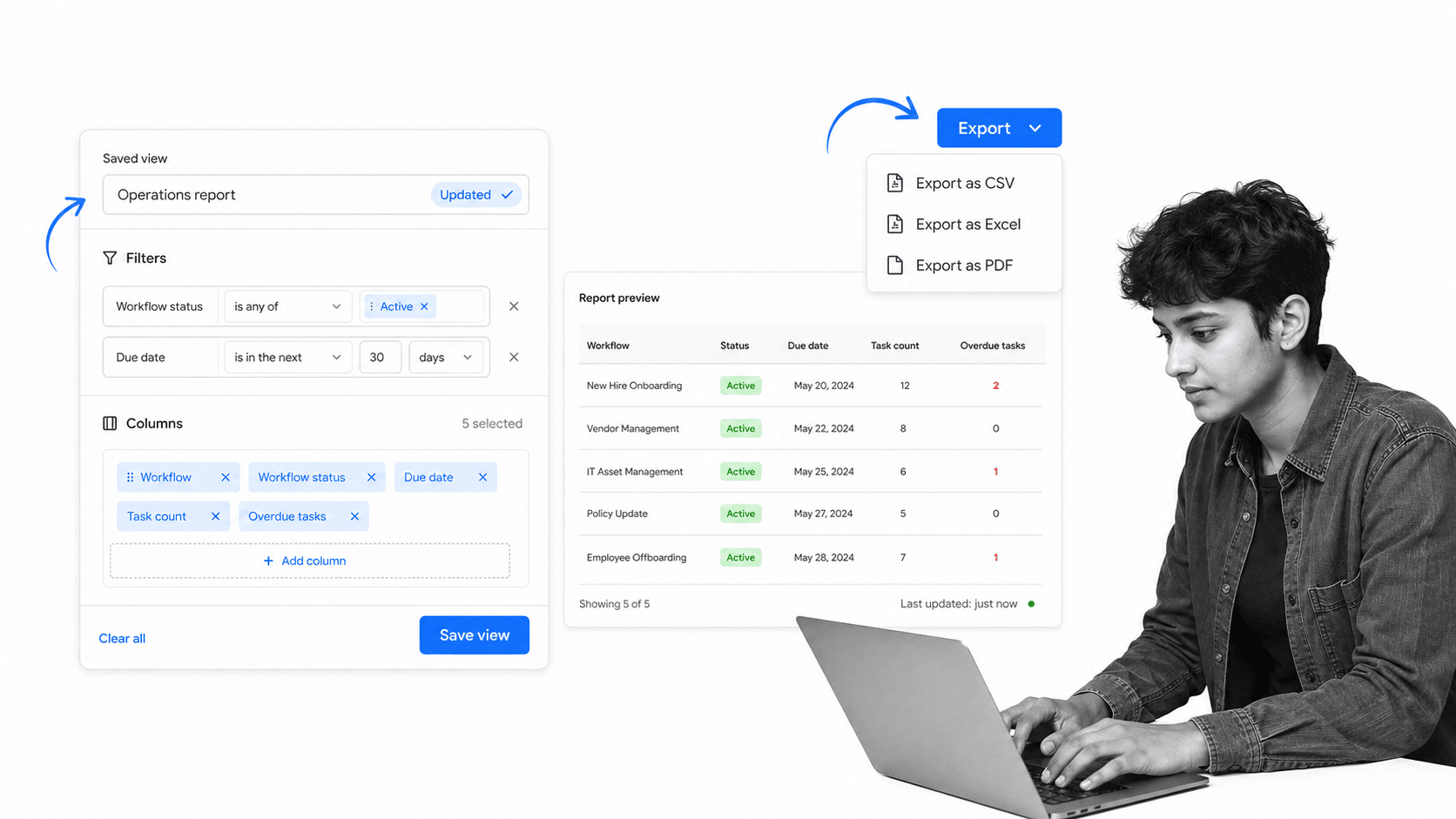 Saved operations report with filters, columns, and export controls