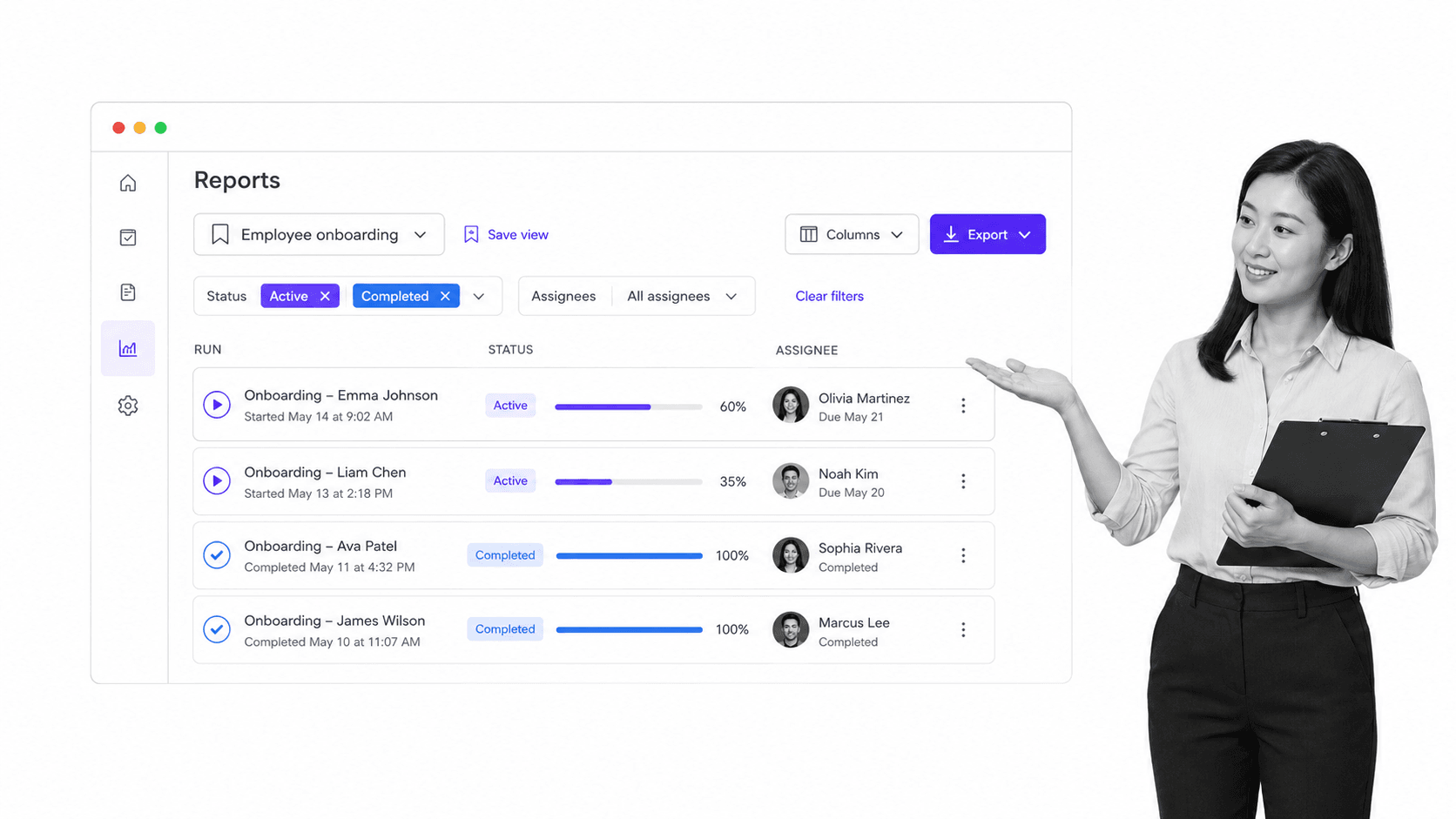 Reports saved view for employee onboarding workflow runs with status and assignee filters