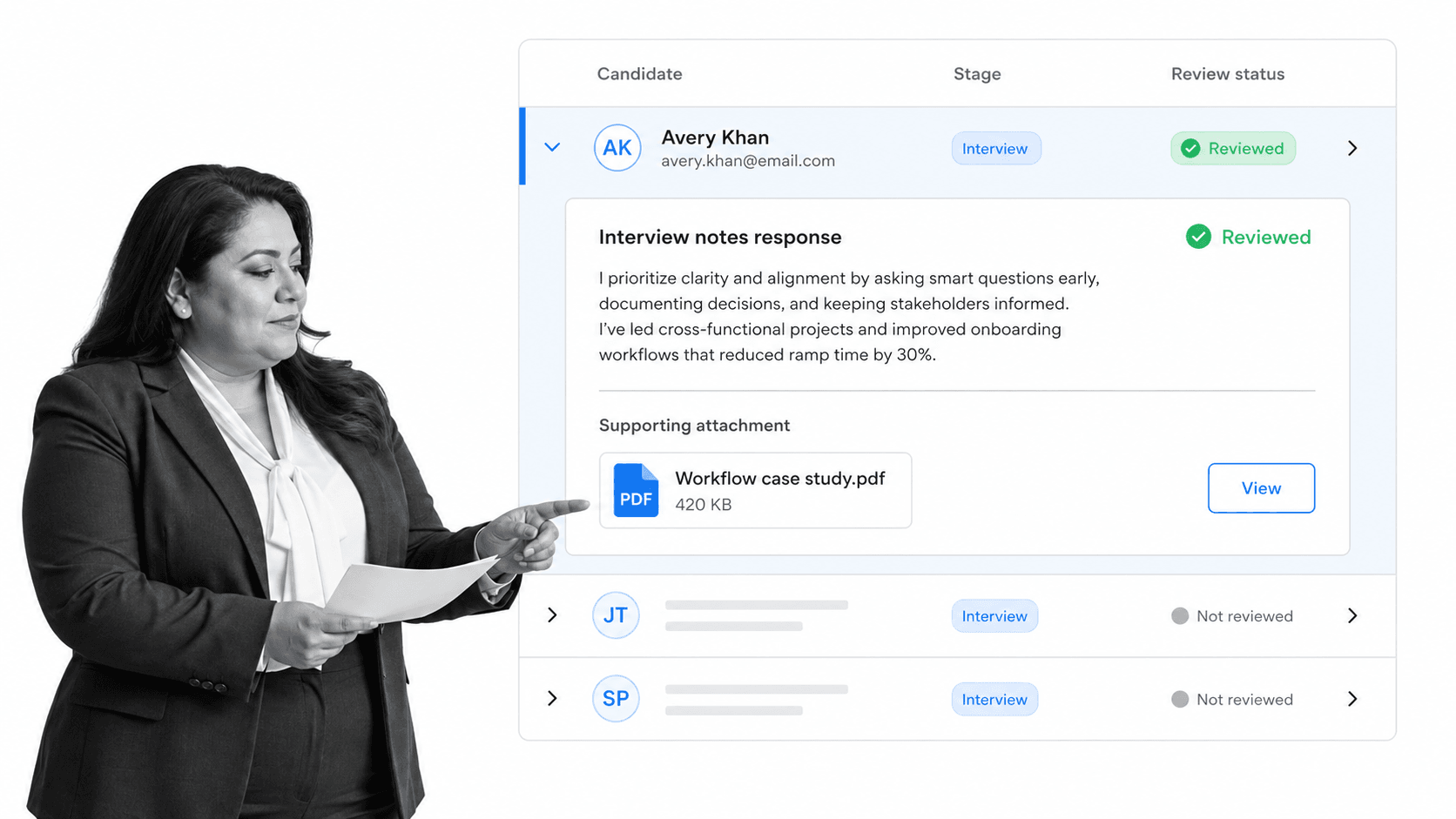 Candidate interview notes and an evidence attachment shown in a workflow report
