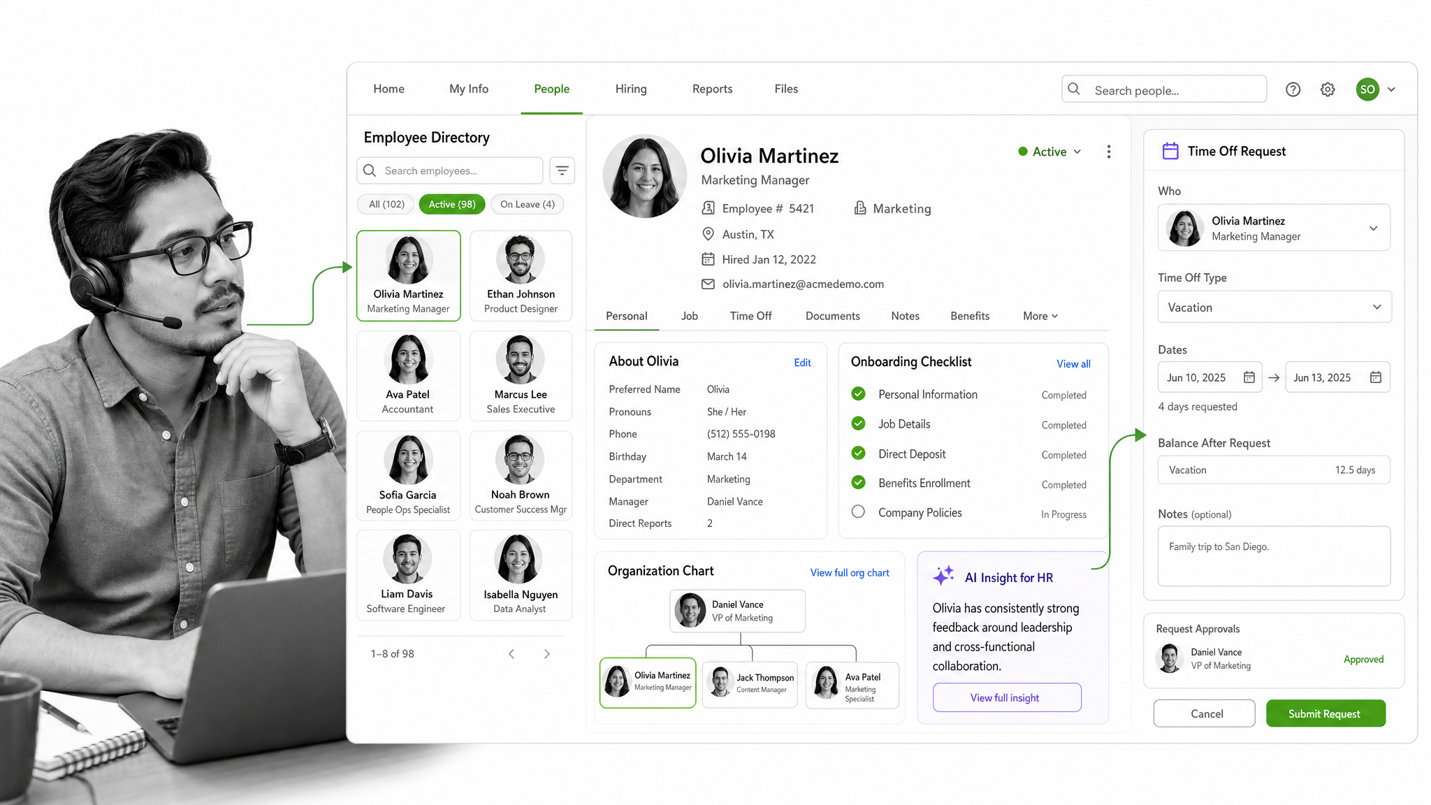 BambooHR employee profile with a directory grid and a time-off request panel