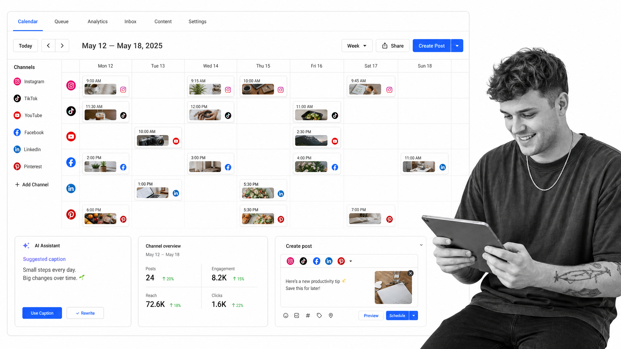 Buffer content calendar with queued posts and channel icons