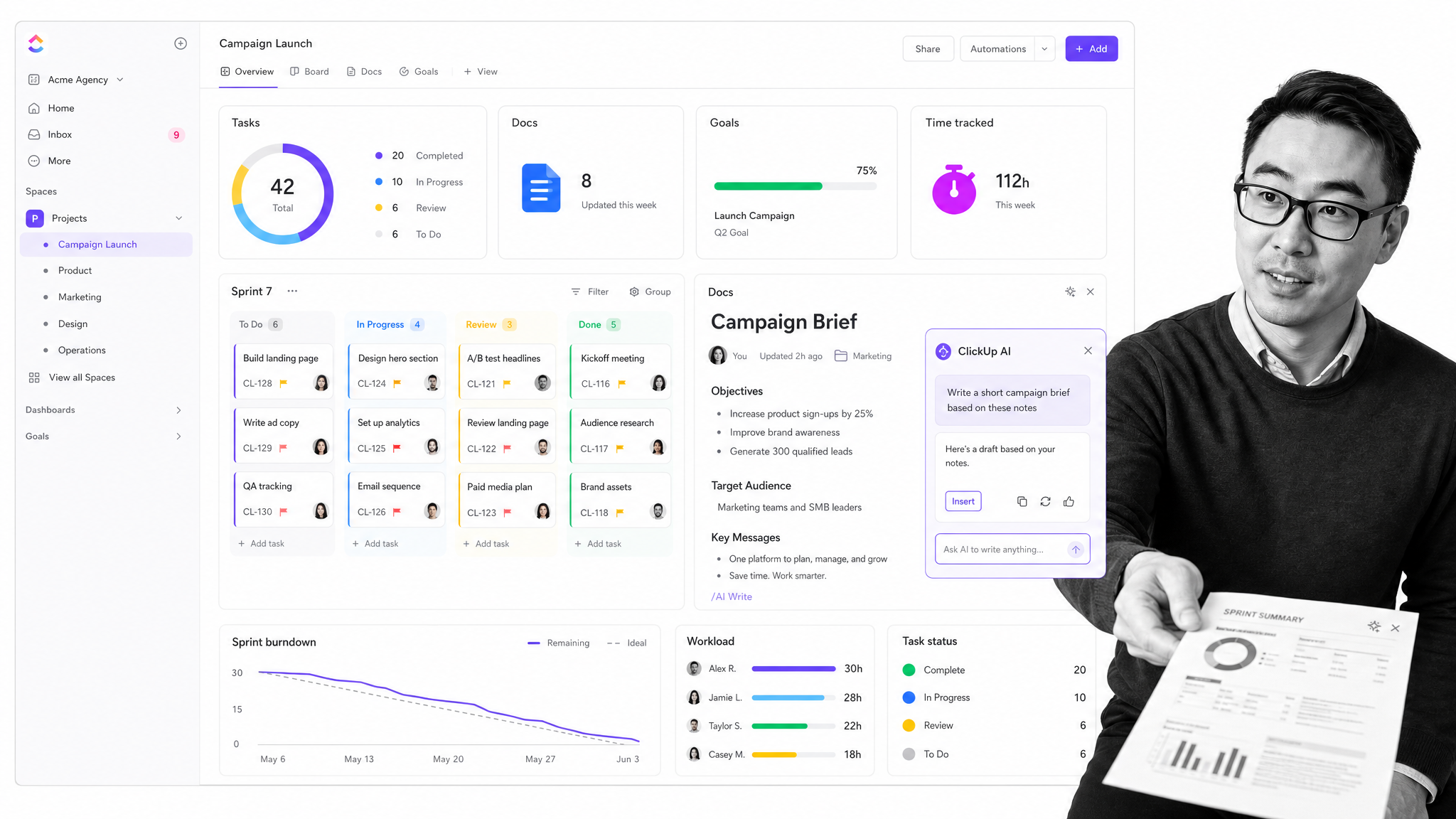 ClickUp workspace dashboard blending task columns, docs, and summary widgets