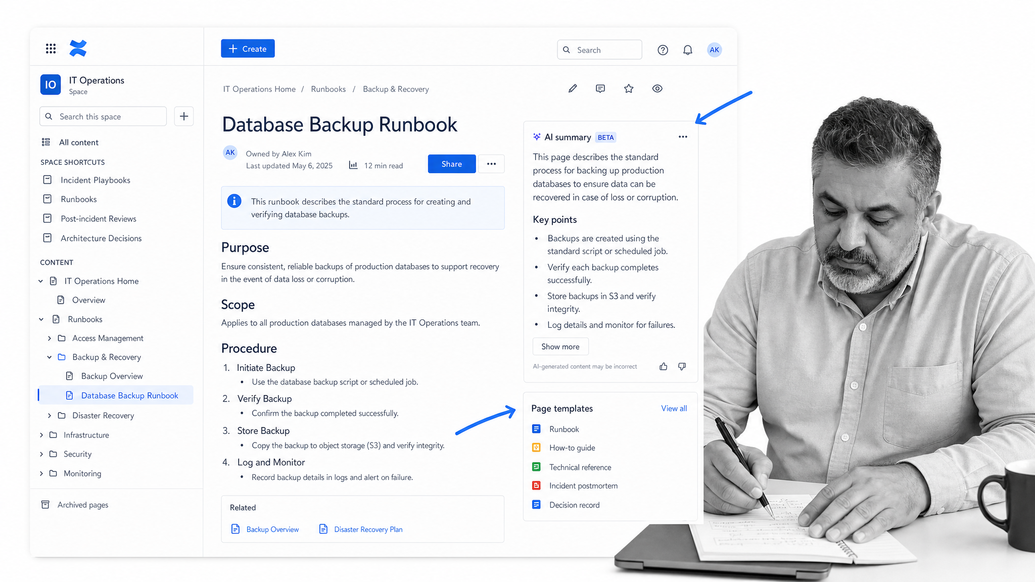 Confluence space with a structured page tree and a documentation page