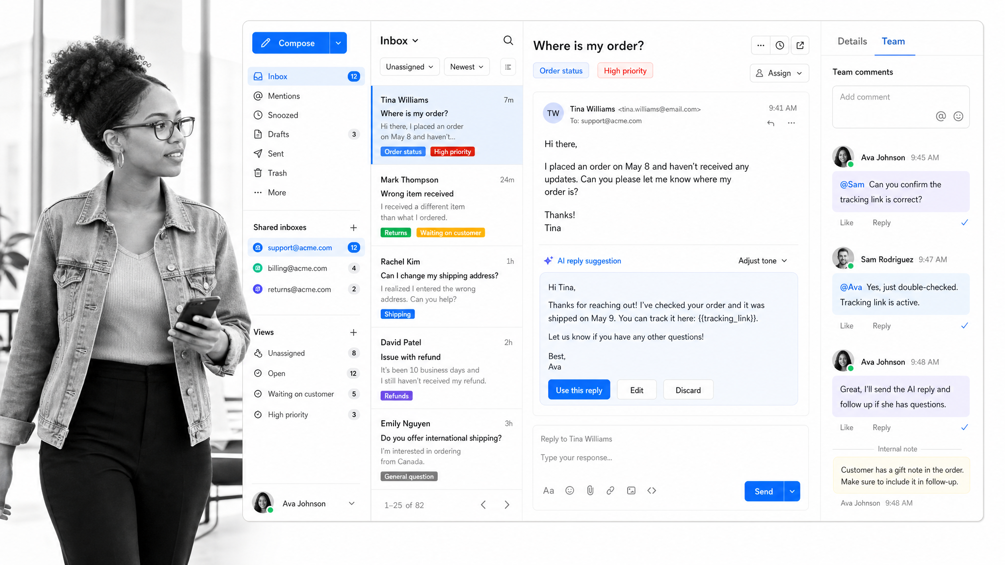 Front shared inbox with a conversation list, message thread, and team comments