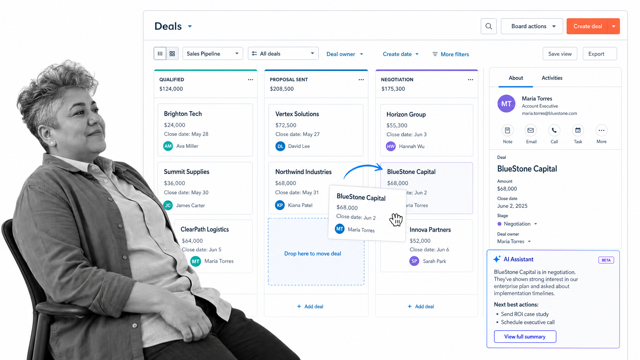 HubSpot CRM deal pipeline board with stage columns and deal cards