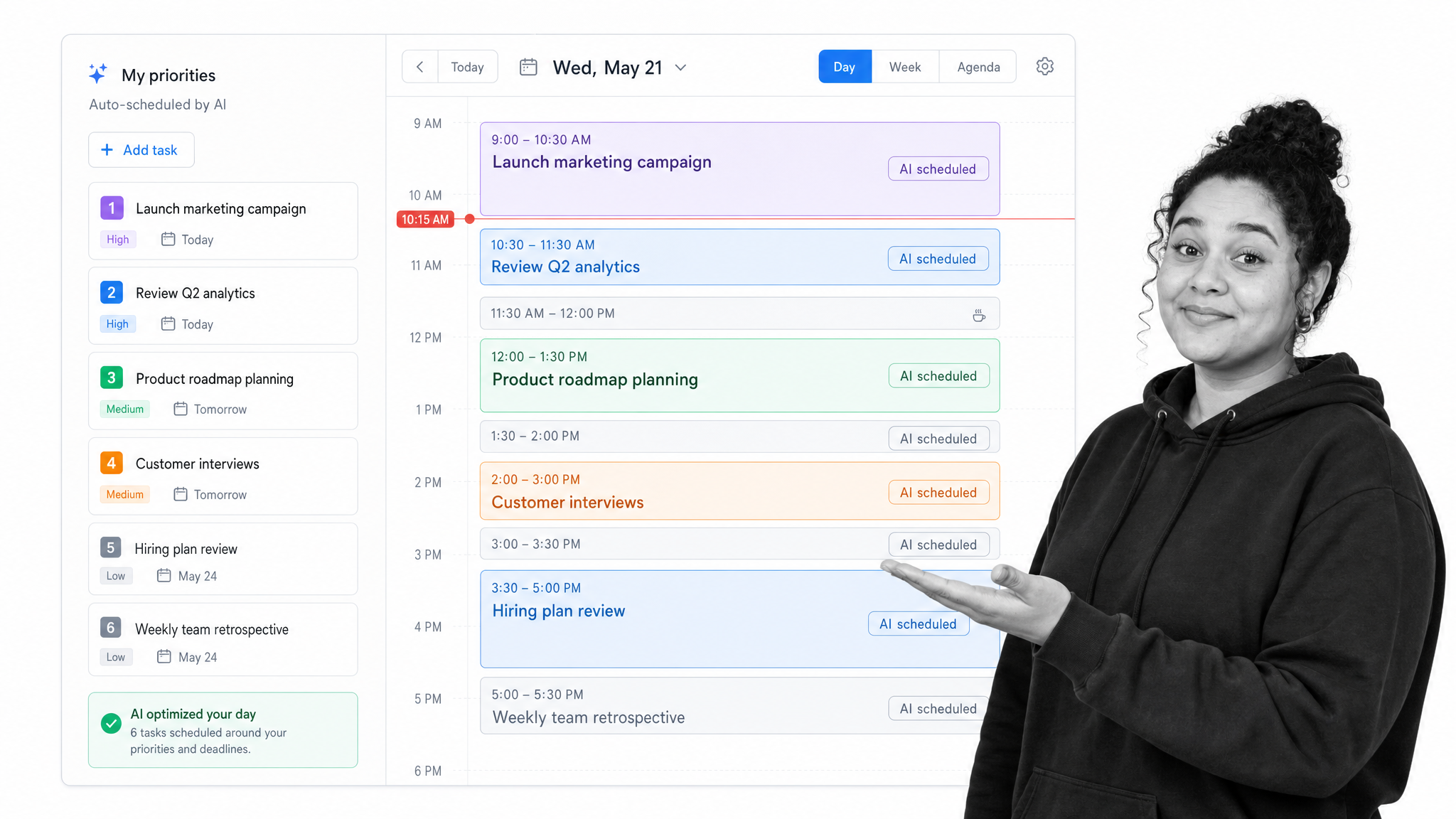 Motion AI-planned calendar with auto-scheduled task blocks and a task list