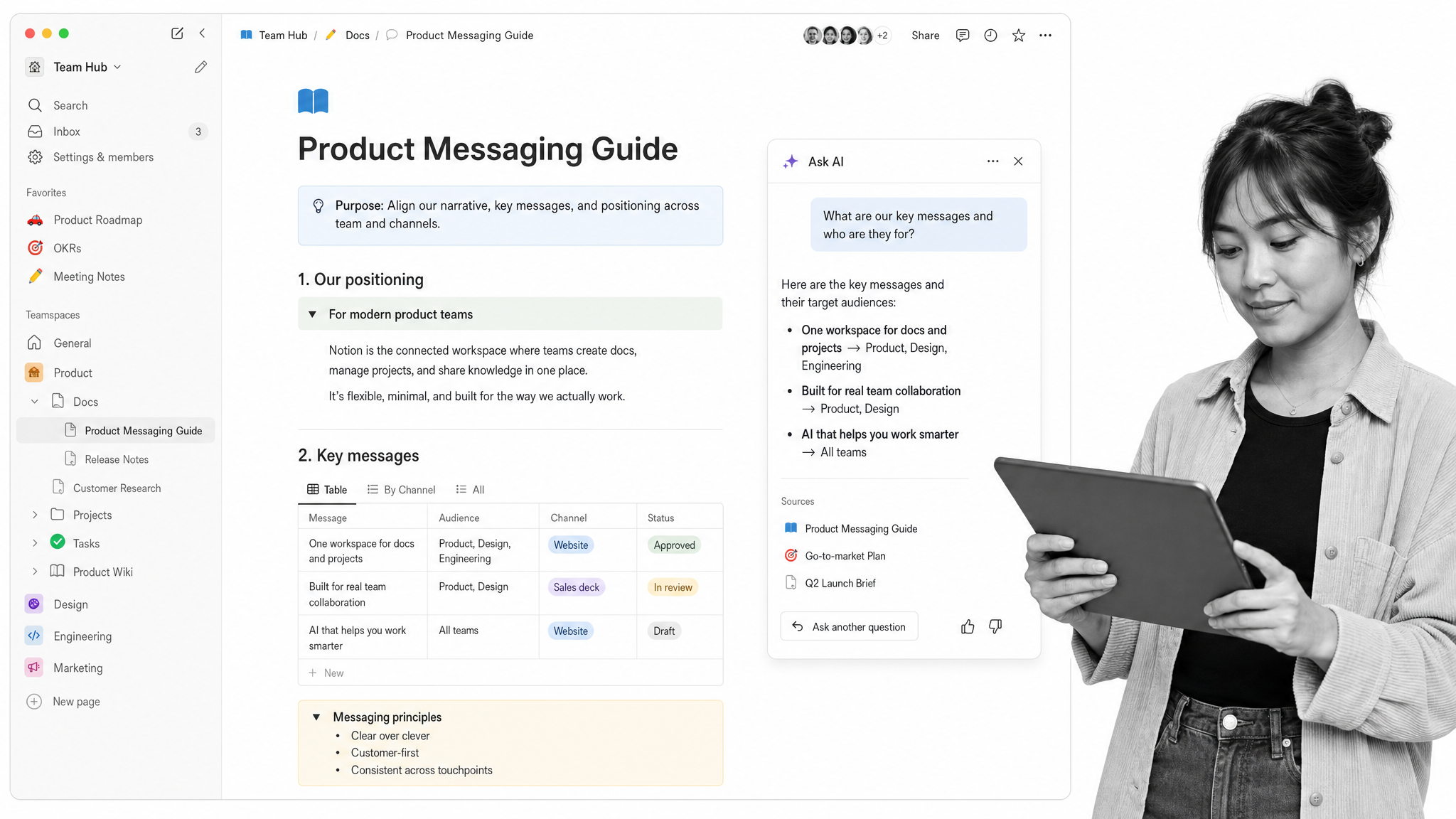 Notion document workspace with a page tree sidebar and AI answer panel