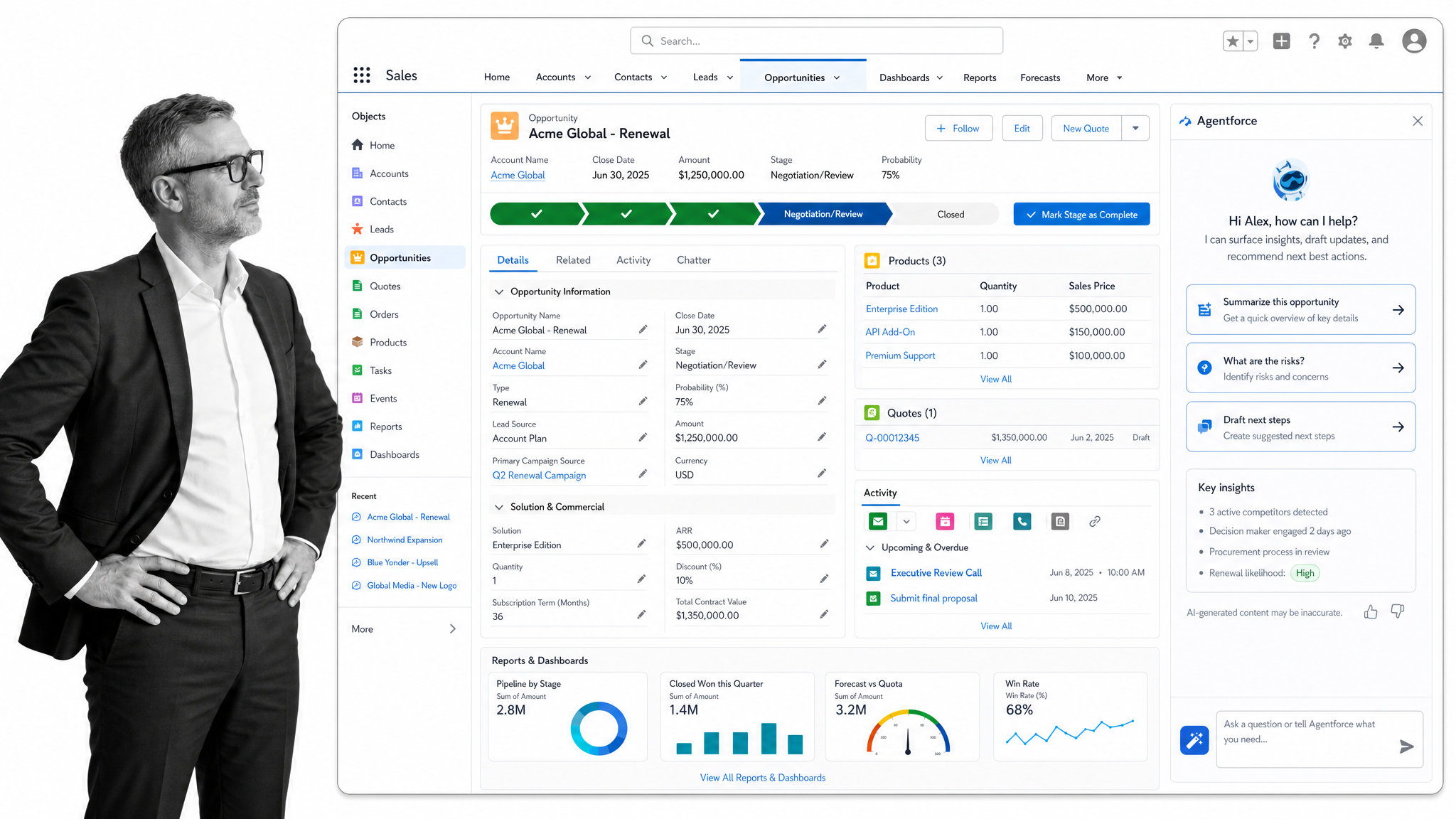 Salesforce opportunity console with record details, related lists, and AI assist