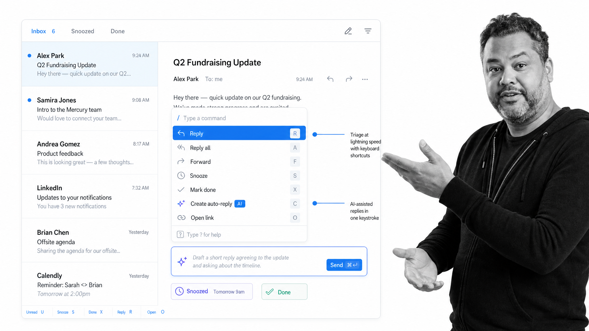Superhuman inbox with a minimal split-pane list and keyboard command palette
