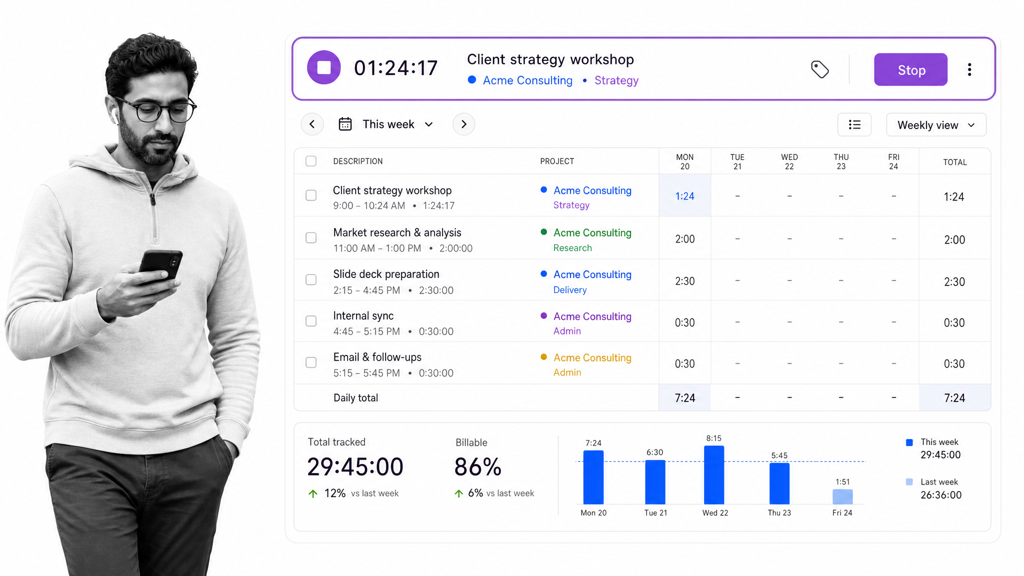 Toggl Track timesheet with a running timer and project-tagged time entries