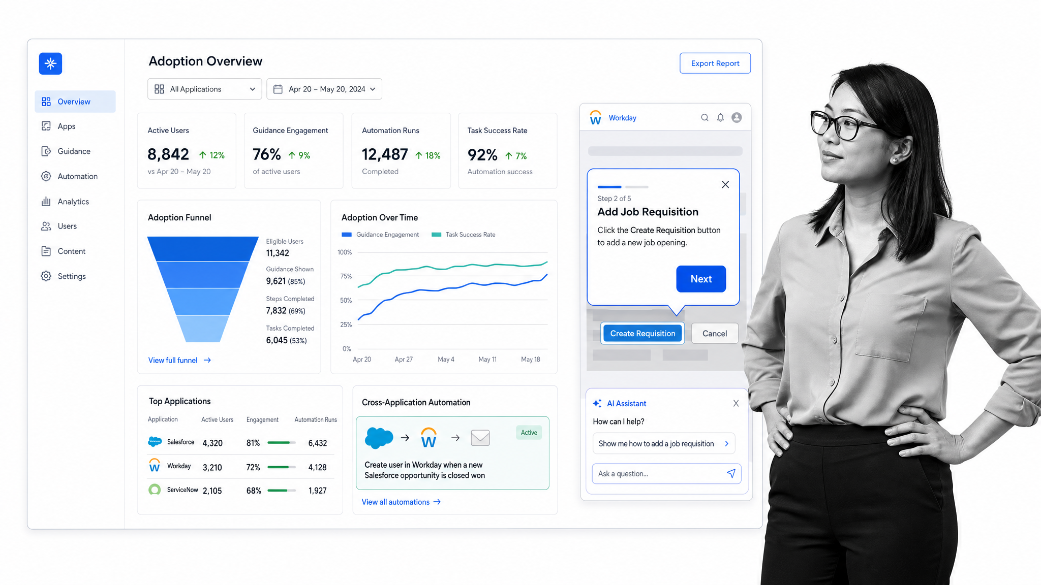 WalkMe adoption dashboard with usage charts and an in-app guidance balloon
