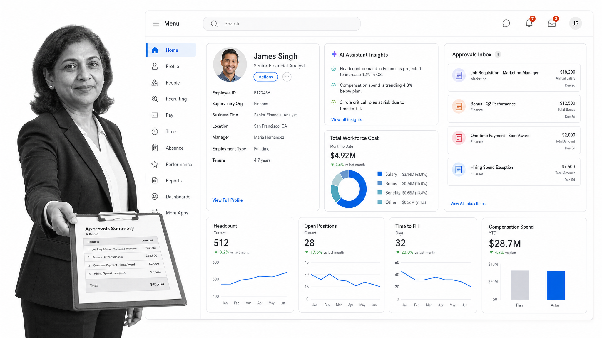 Workday HCM console with a worker profile, analytics tiles, and approvals inbox
