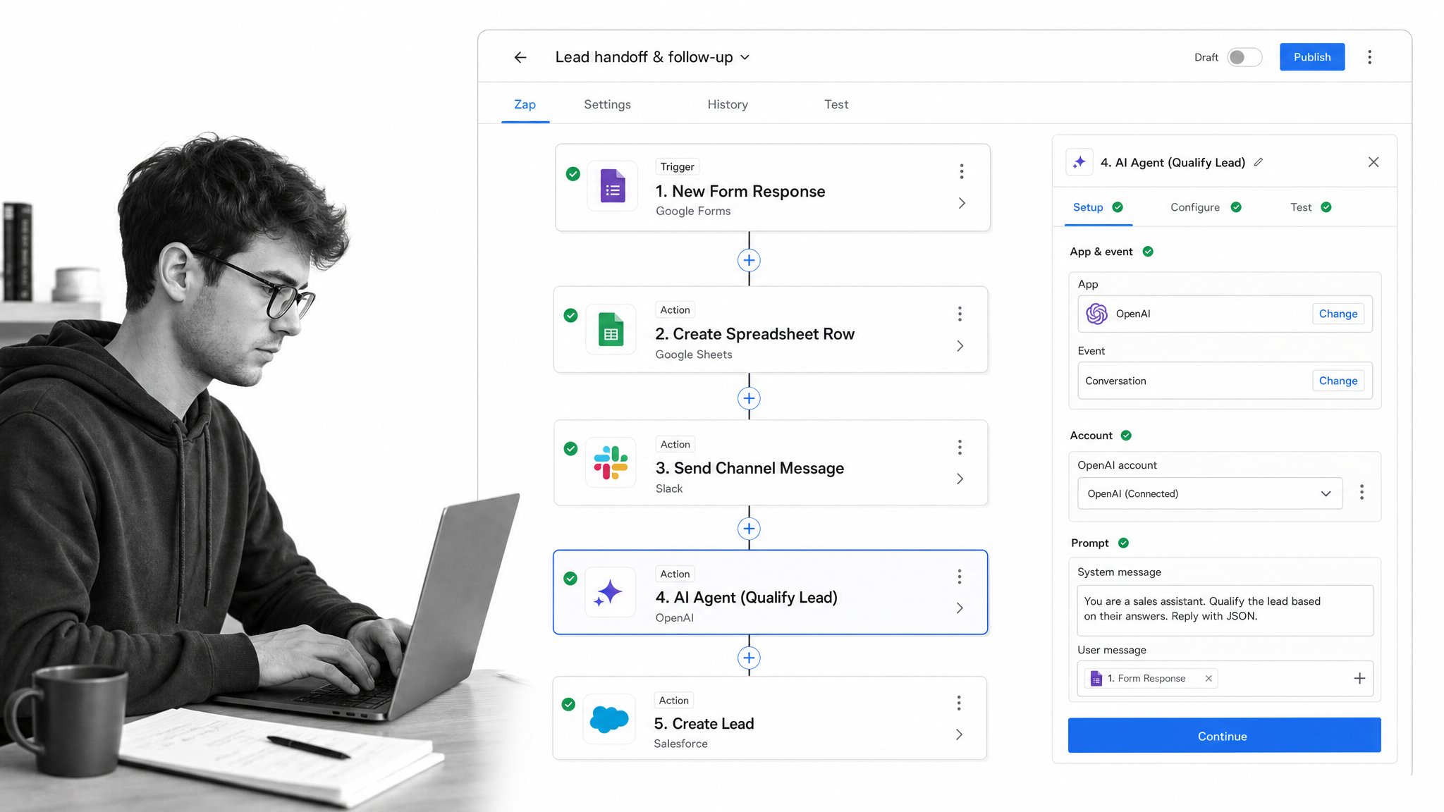 Zapier automation editor with a trigger step connected to app action steps