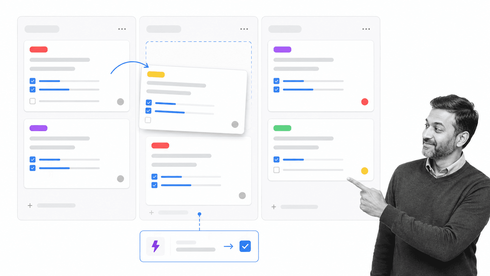 Trello-style kanban board with automation and checklist cues