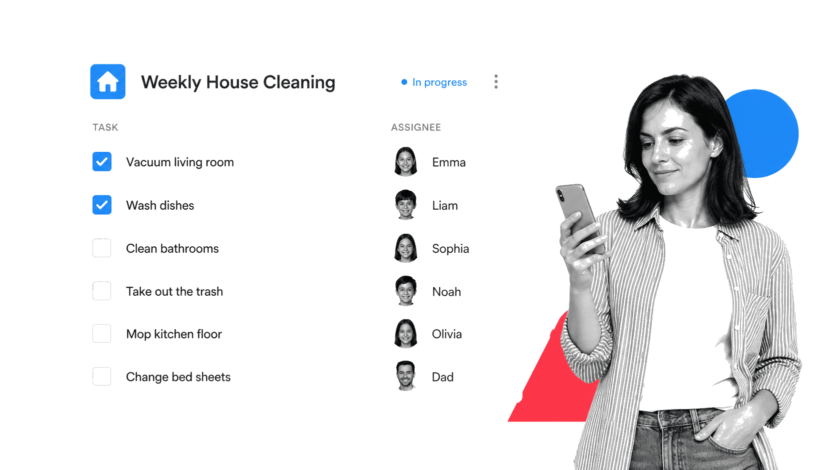 Process Street Weekly House Cleaning run with a distinct family-member assignee on each chore row
