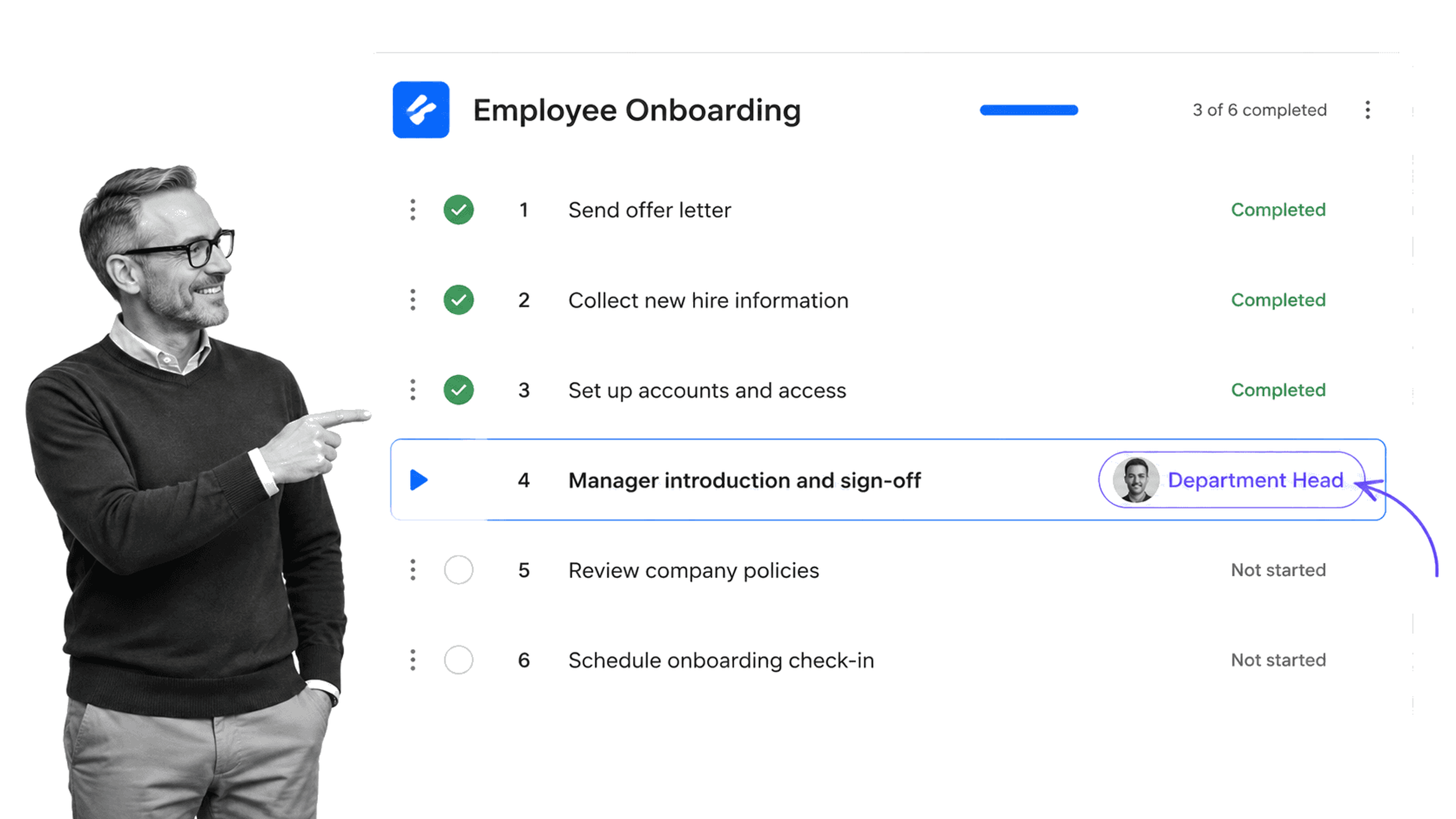 Process Street Employee Onboarding run with a Department Head assignee chip on the selected manager sign-off task