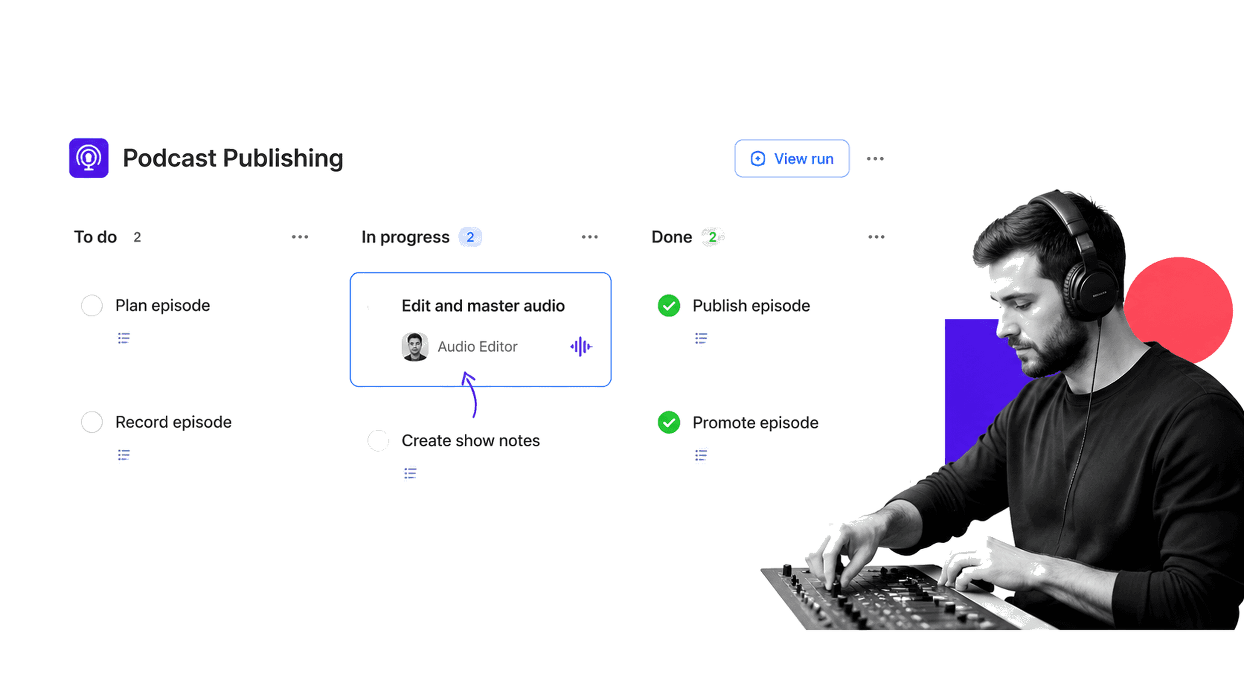 Process Street Podcast Publishing kanban with an Audio Editor avatar on the Edit and master audio card