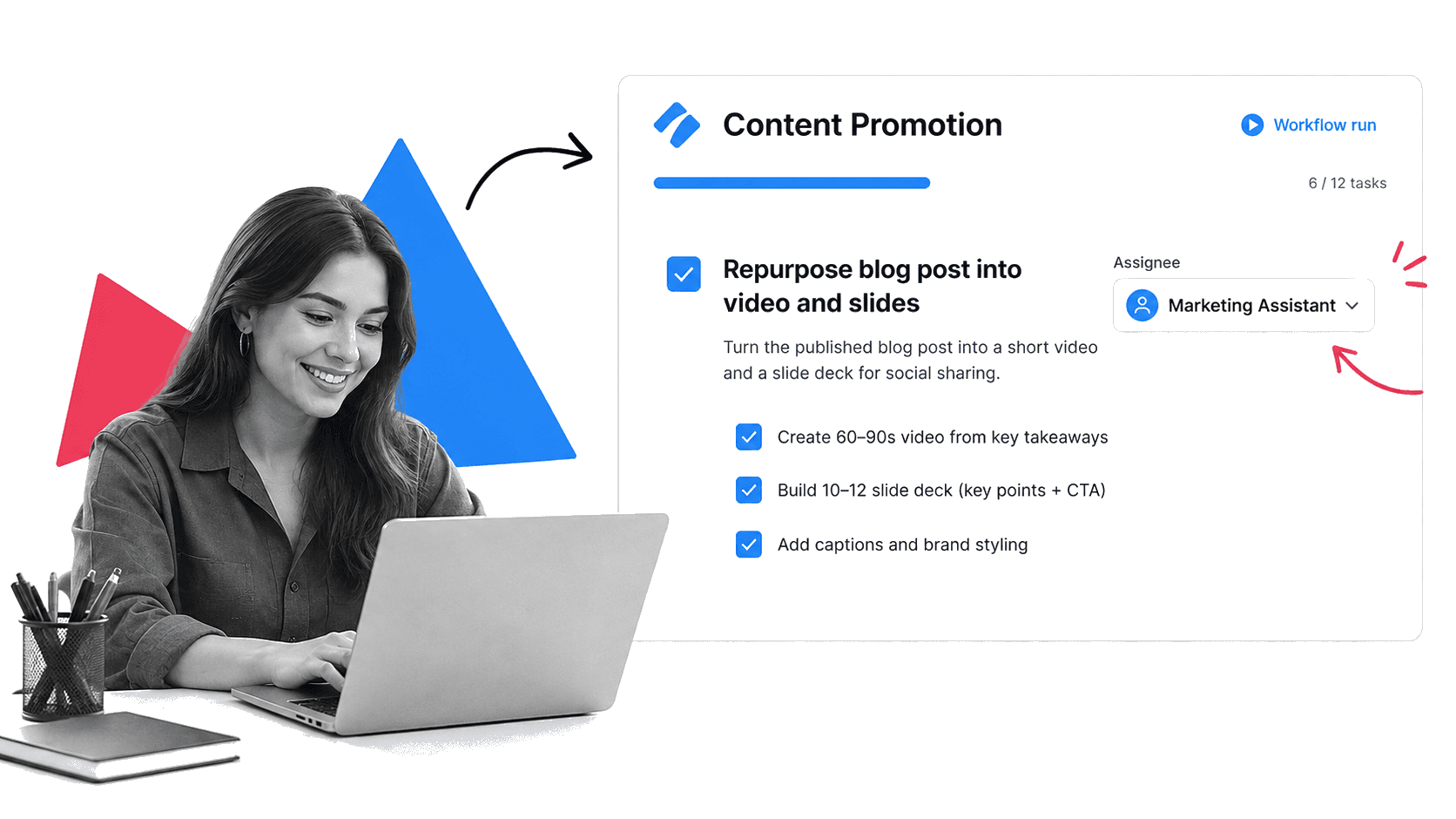 Process Street Content Promotion task detail with Marketing Assistant set as the assignee on the repurpose task