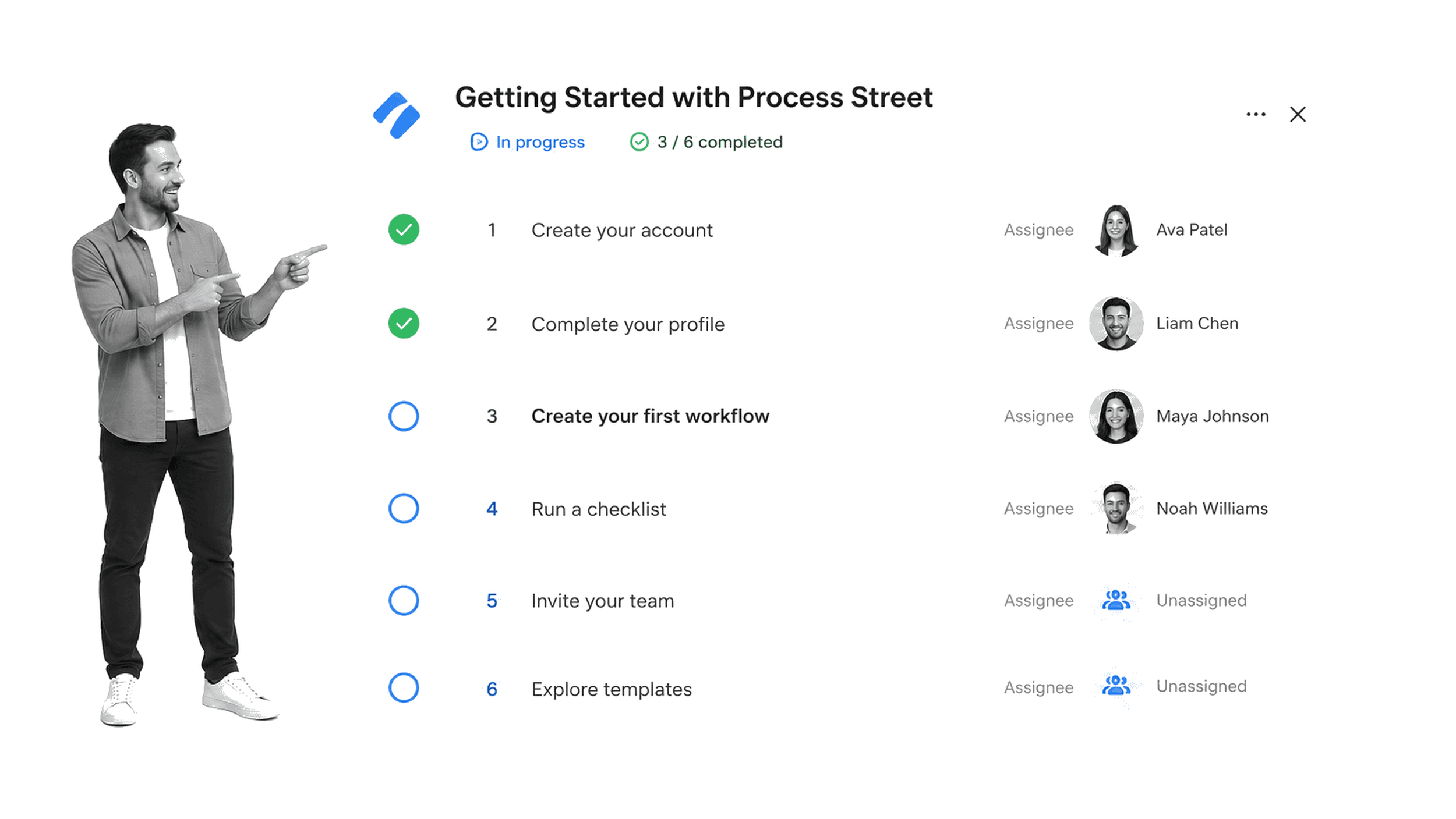 Process Street Getting Started run with distinct new-team-member assignees on three setup tasks