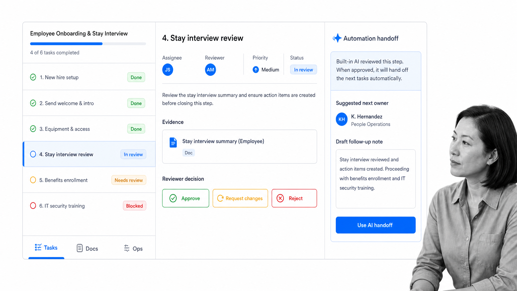 Process Street workflow screen for employee onboarding and stay interviews