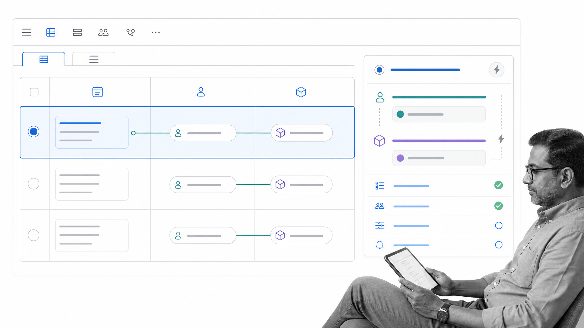 Airtable relational workflow with linked records, custom views, interface dashboard, and record automation