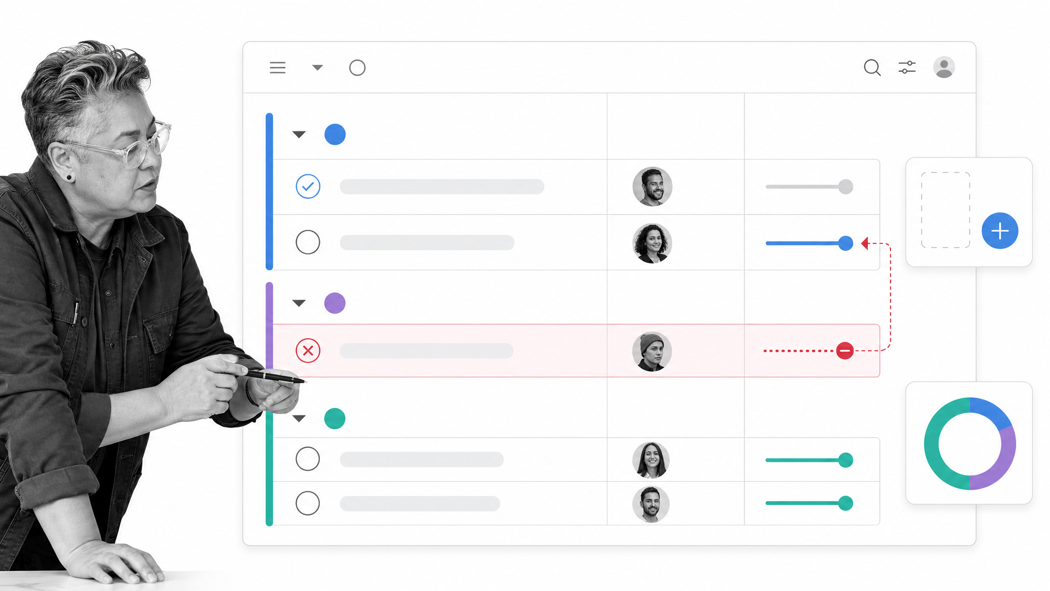 Asana project workflow with task sections, owners, dependencies, intake form, rules, and portfolio reporting