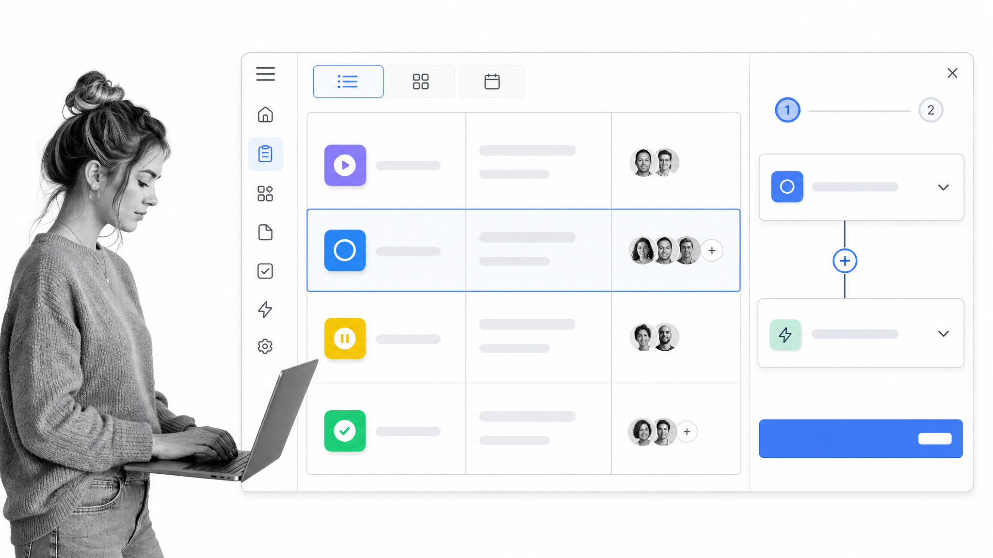 ClickUp workspace with task views, custom statuses, documentation, automation builder, and activity log