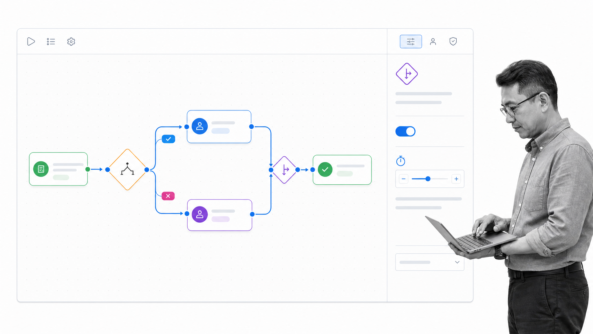 Kissflow no-code process builder with form step, conditional routing, parallel branches, escalation, and permissions