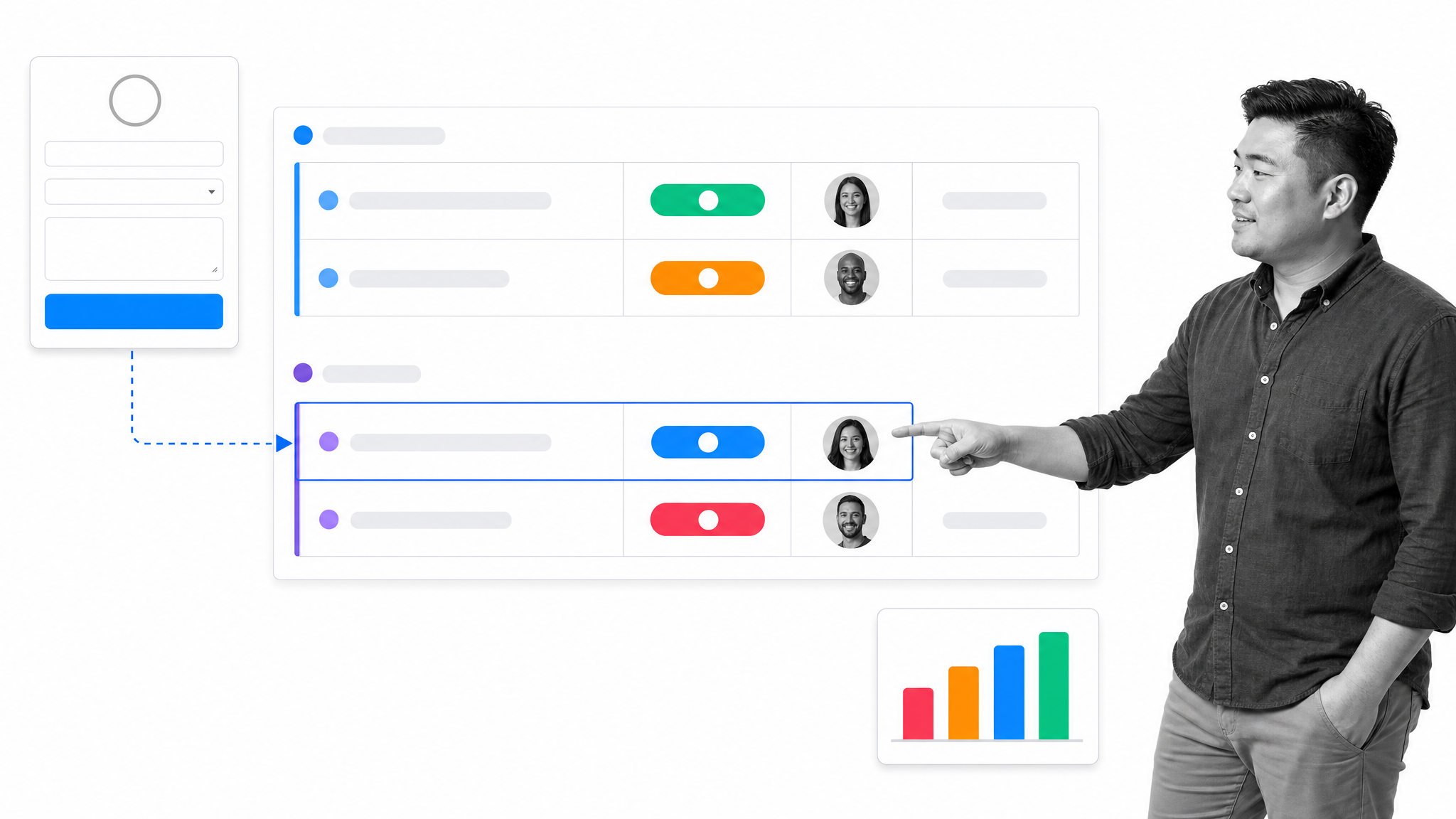 monday.com workflow board with grouped items, status columns, intake form, automations, and dashboard reporting