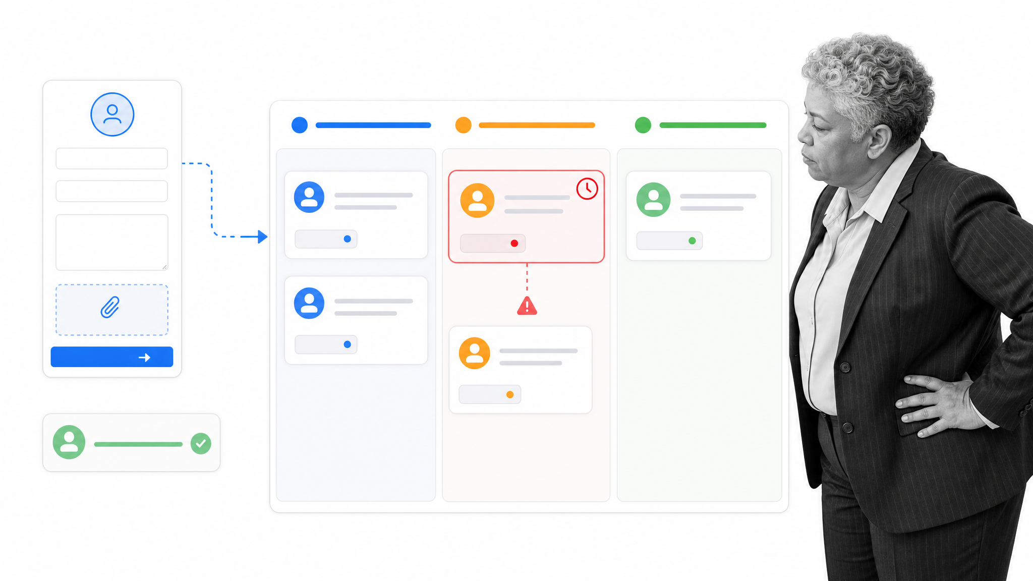 Pipefy request workflow with intake form, stage-based cards, portal tracking, approval, and due-date automation