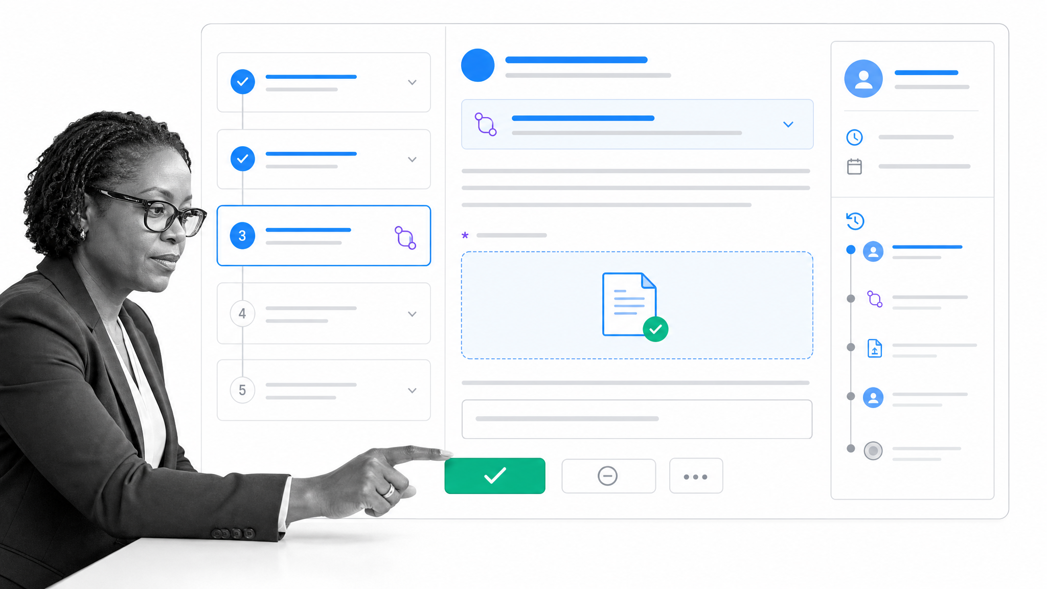 Process Street workflow app showing a guided process, required fields, conditional logic, approval, and audit history