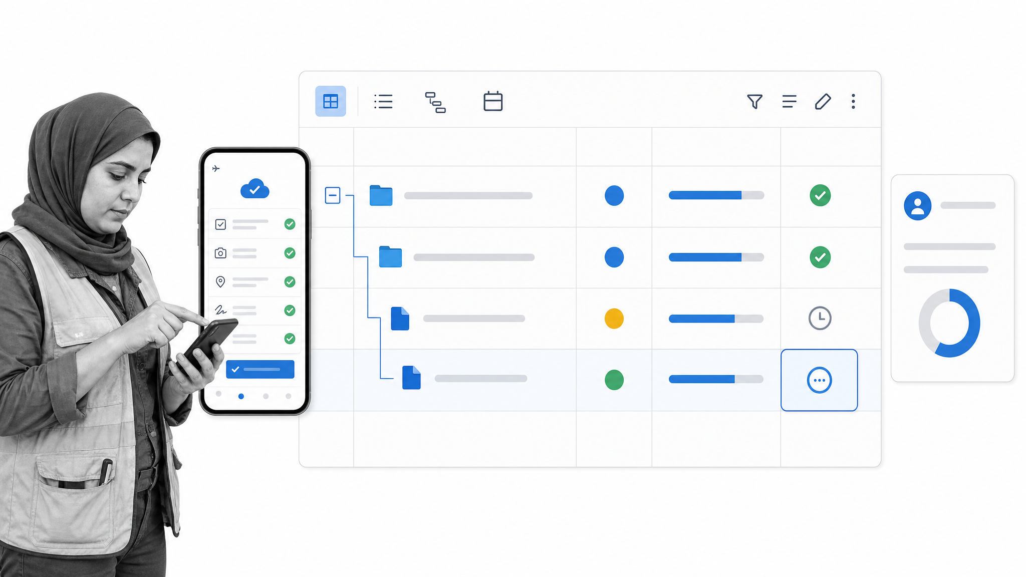 Smartsheet workflow grid with hierarchical rows, request form, approval, dashboard, and offline mobile capture
