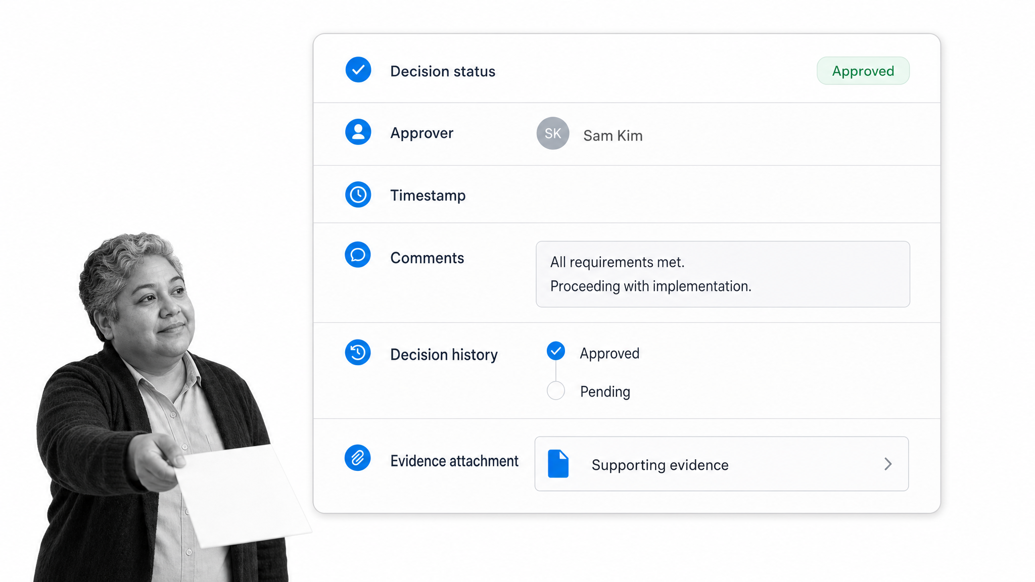 Approval decision evidence record with approver and timestamp fields.