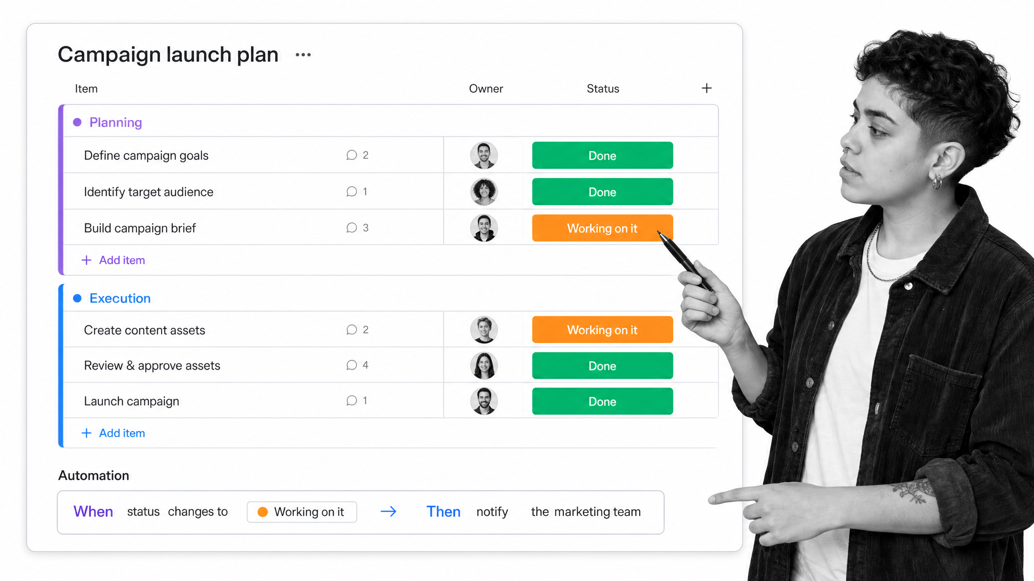 Monday.com board with grouped rows, colored status columns, and an automation recipe indicator
