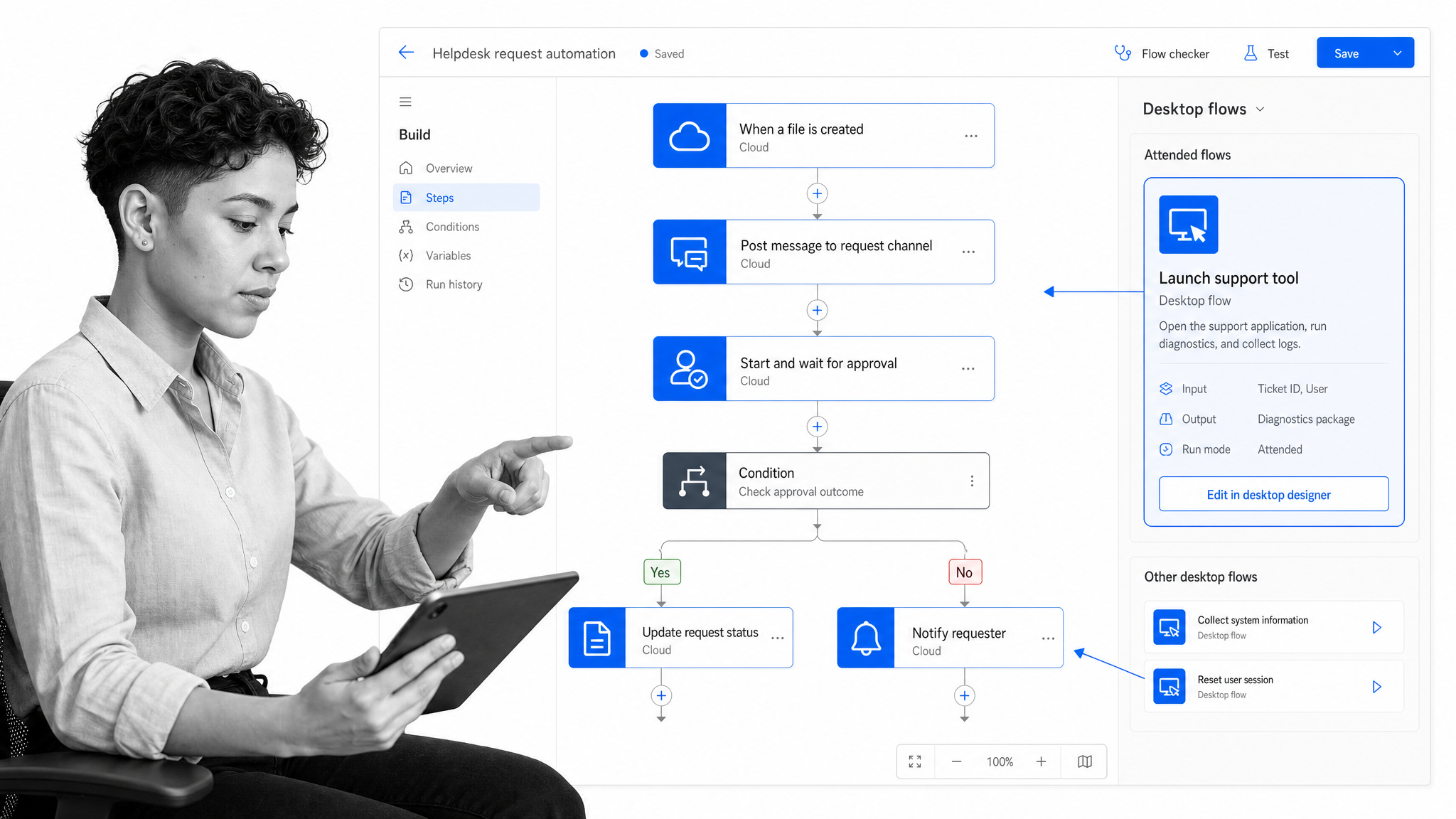 Microsoft Power Automate flow designer showing cloud and desktop workflow automation.