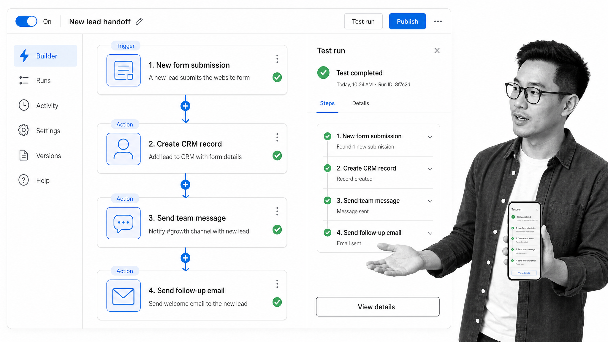 Zapier automation builder showing trigger and action steps connecting business apps.